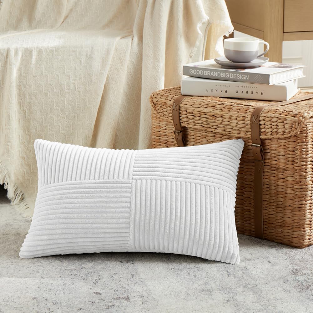 Fancy Homi 2 Packs White Long Lumbar Decorative Throw Pillow Covers 12x24 Inch for Couch Bed Sofa, Rustic Farmhouse Boho Home Decor, Soft Striped Corduroy Rectangle Accent Cushion Case 30x60 cm