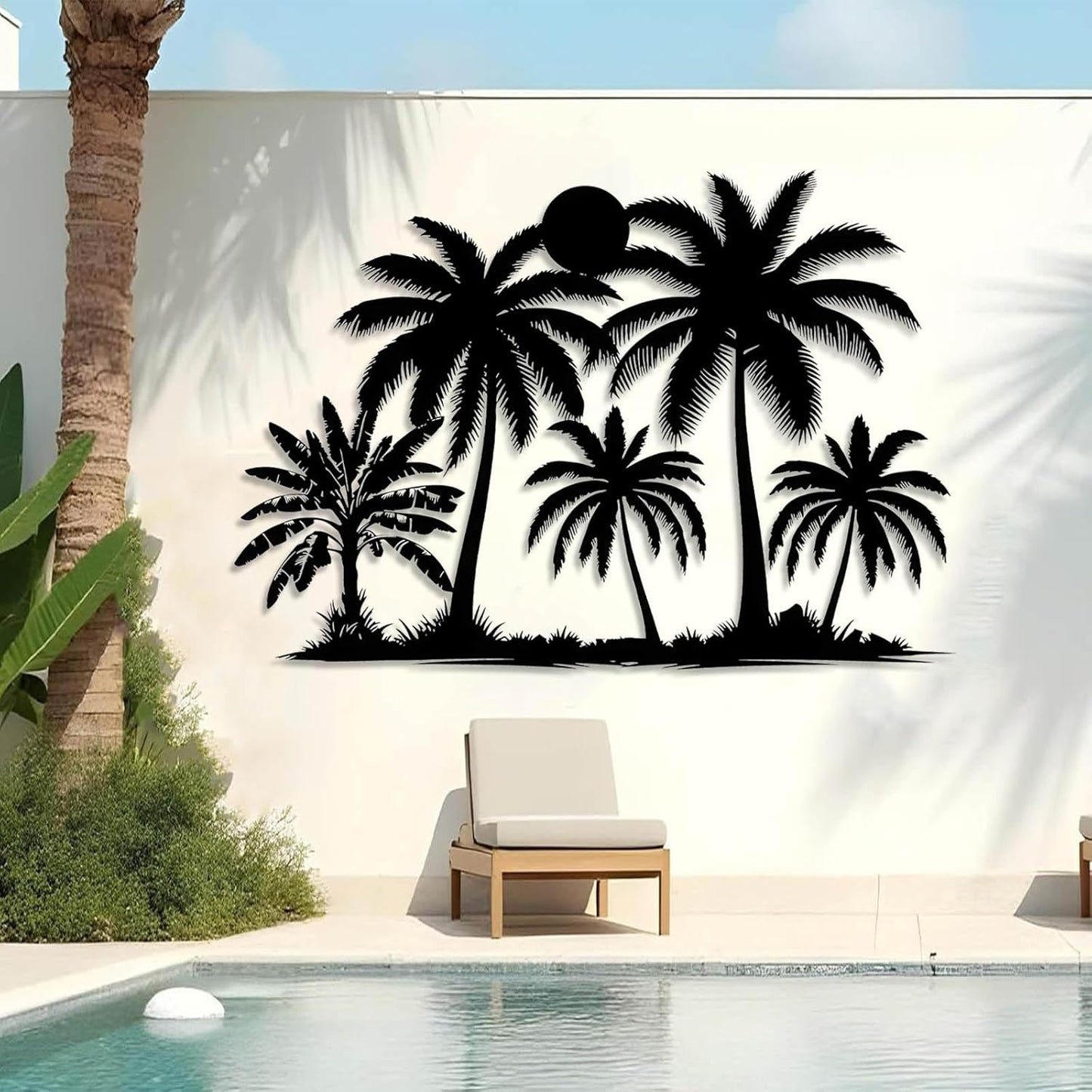 Tuglona Metal Palm Tree with Sunset Wall Decor, Tropical Palm Tree Metal Wall Art, Tropical Wall Decor, Sun Wall Art, Beach Wall Decoration, Coastal Trees Wall Hanging (Silver, 41"x29"/105x73cm)