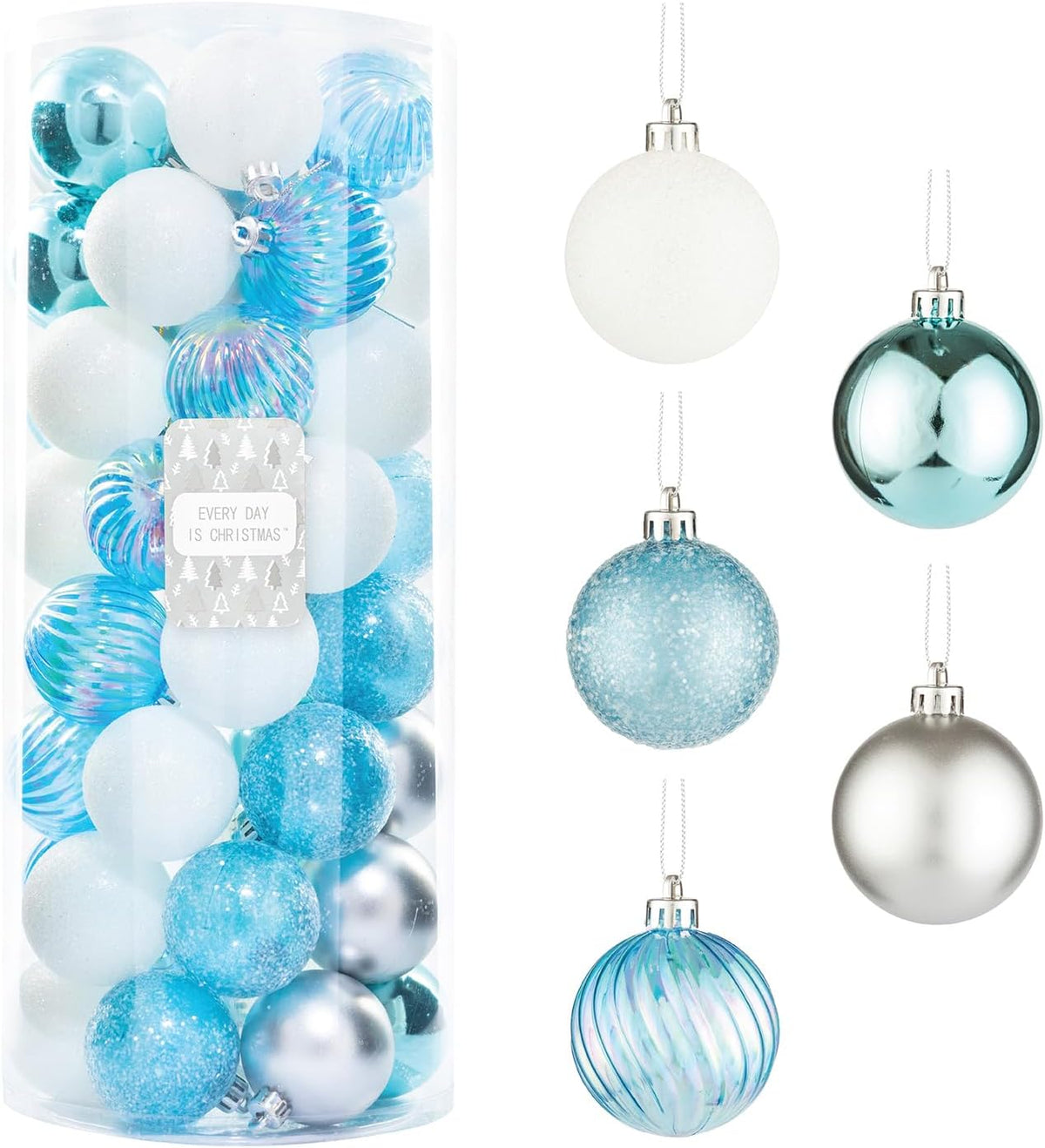 Every Day is Christmas Ornaments, Shatterproof Christmas Tree Ornament Set, Christmas Balls Decoration 50 Count (2.24"/57mm, Blue Silver)