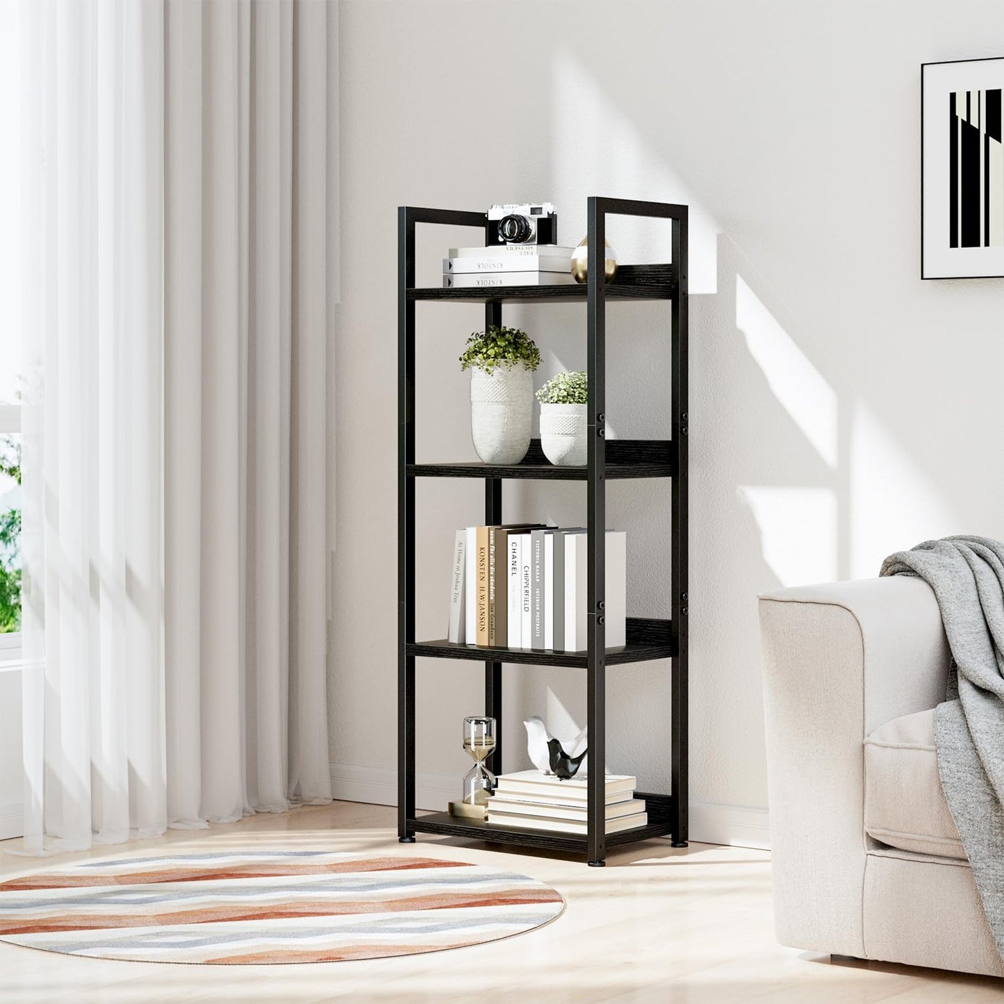 NUMENN Narrow Bookshelf, 4 Tier Bookshelves, Home Office Bookcase Shelf Storage Organizer, Free Standing Storage Shelving Unit for Bedroom, Living Room and Home Office, Black