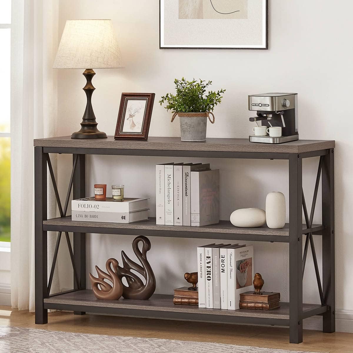 BON AUGURE Rustic Sofa Table Behind Couch, Industrial Console Tables for Entryway, 3 Tier Wood Shelves Entry Table with Storage for Foyer, Hallway, Front Door (47 Inch, Dark Grey Oak)