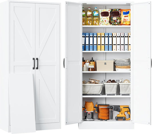 SISESOL Metal Storage Cabinet with 2 Doors and 5 Shelves,61 inch White Pantry Storage Cabinet,Large Farmhouse Pantry Cupboard for Home,Kitchen,Dining/Living Room