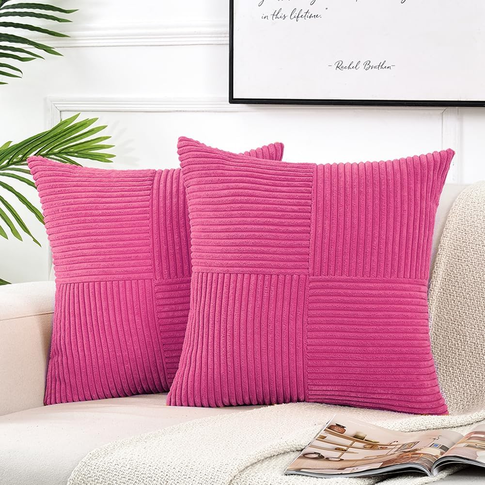 Fancy Homi 2 Packs Hot Pink Decorative Throw Pillow Covers 16x16 Inch for Living Room Couch Bed Sofa, Rustic Farmhouse Boho Home Decor, Soft Corss Patchwork Corduroy Textured Cushion Case 40x40 cm