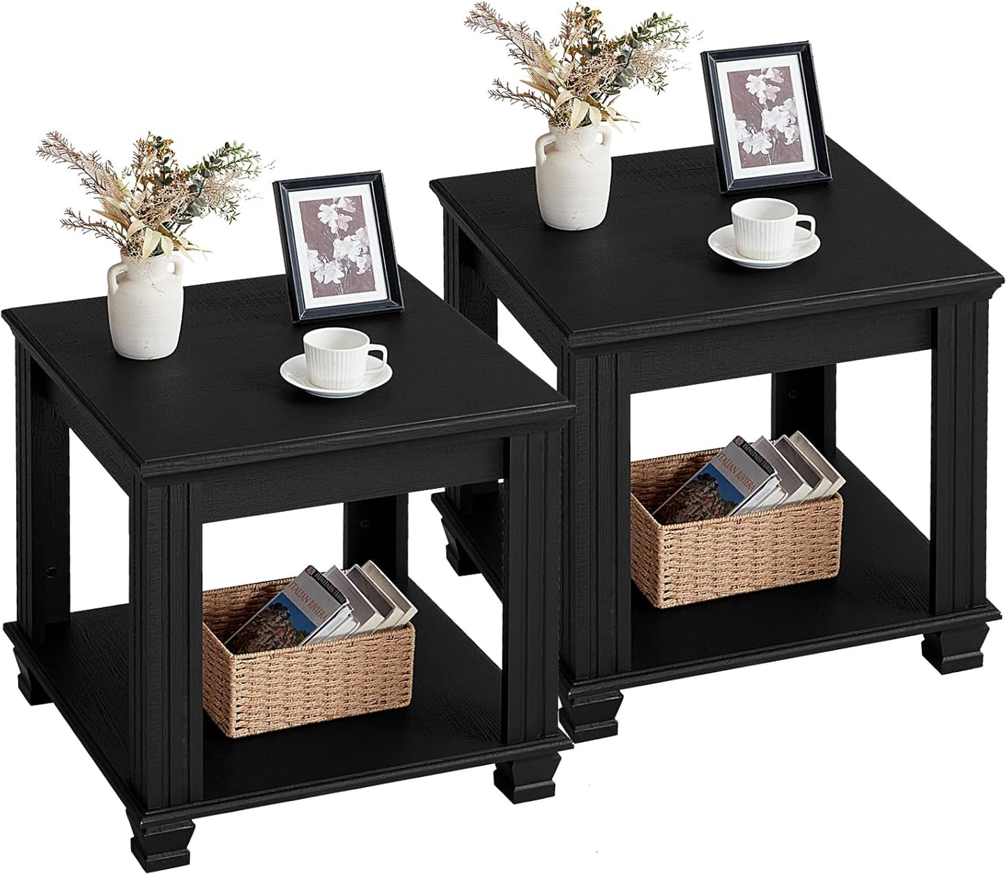 Farmhouse End Table Set of 2,Large Side Table with 2-Tier Storage Shelf,Rustic Wood End Tables for Living Room,Square Tea Table, Black