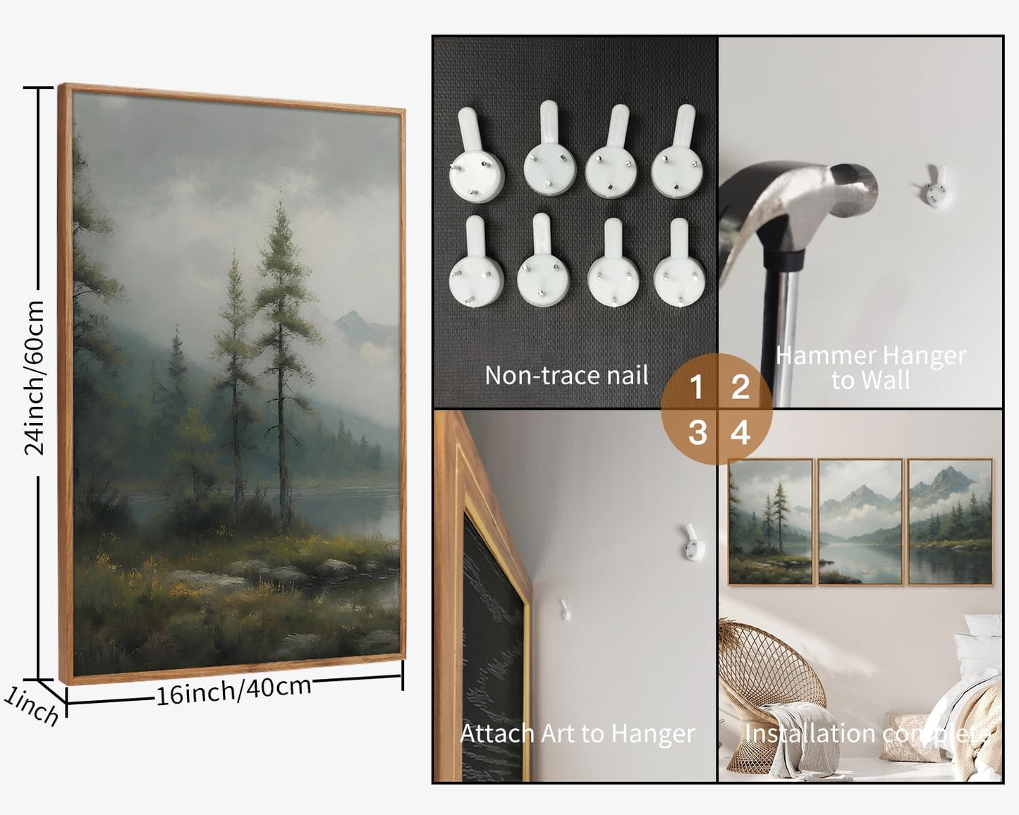 SIGNINART Large Green Forest Framed Canvas Wall Art Set, Misty Mountain Lake Scenery Wall Decor, Modern Foggy Wood Landscape Artwork, Oil Printing Style Nature Art Print for Living Room, Bedroom, Office 16 x24 x3