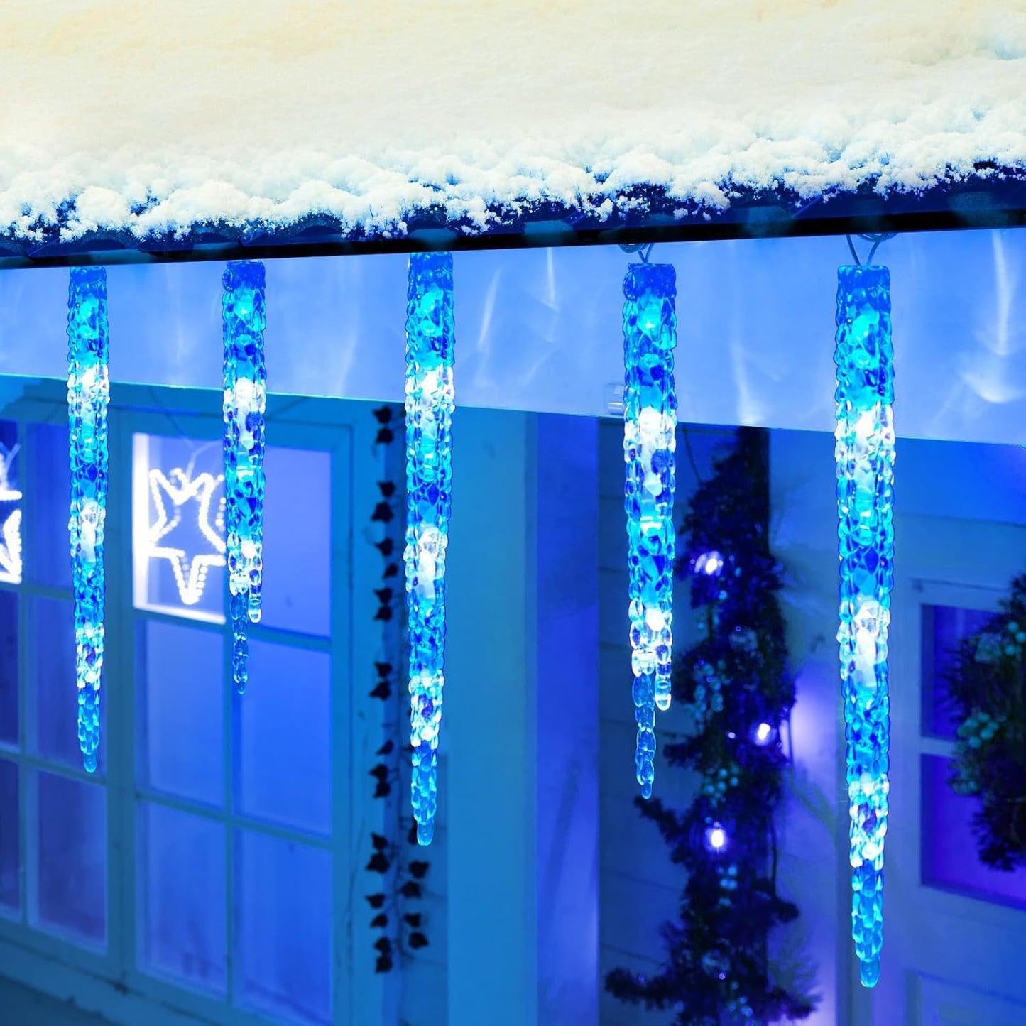 Icicle Lights for Outside with Remote, 20ft 100 LED 20 Tubes Connectable Ice Shape Hanging Christmas Lights for Tree Patio Roof Holiday Decor, Blue and White