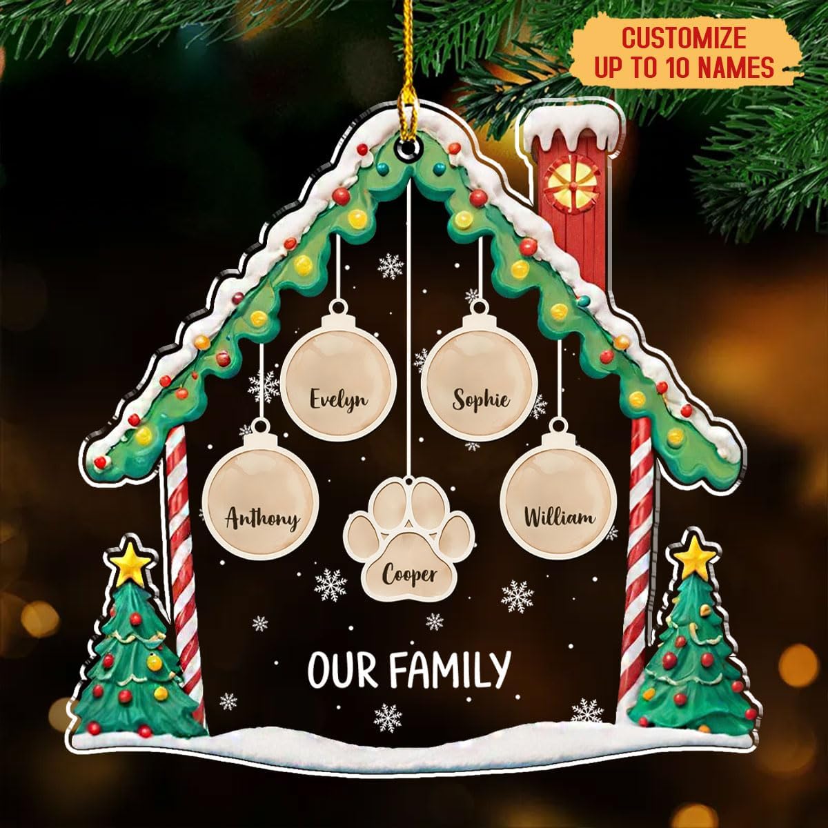 Personalized Family Christmas Acrylic Ornament 2024 - Custom Name Charms Family Members up to 10 People and Pets, Paw Charm Ornament Gifts for Family Tree Decoration (A02, 7 Names)