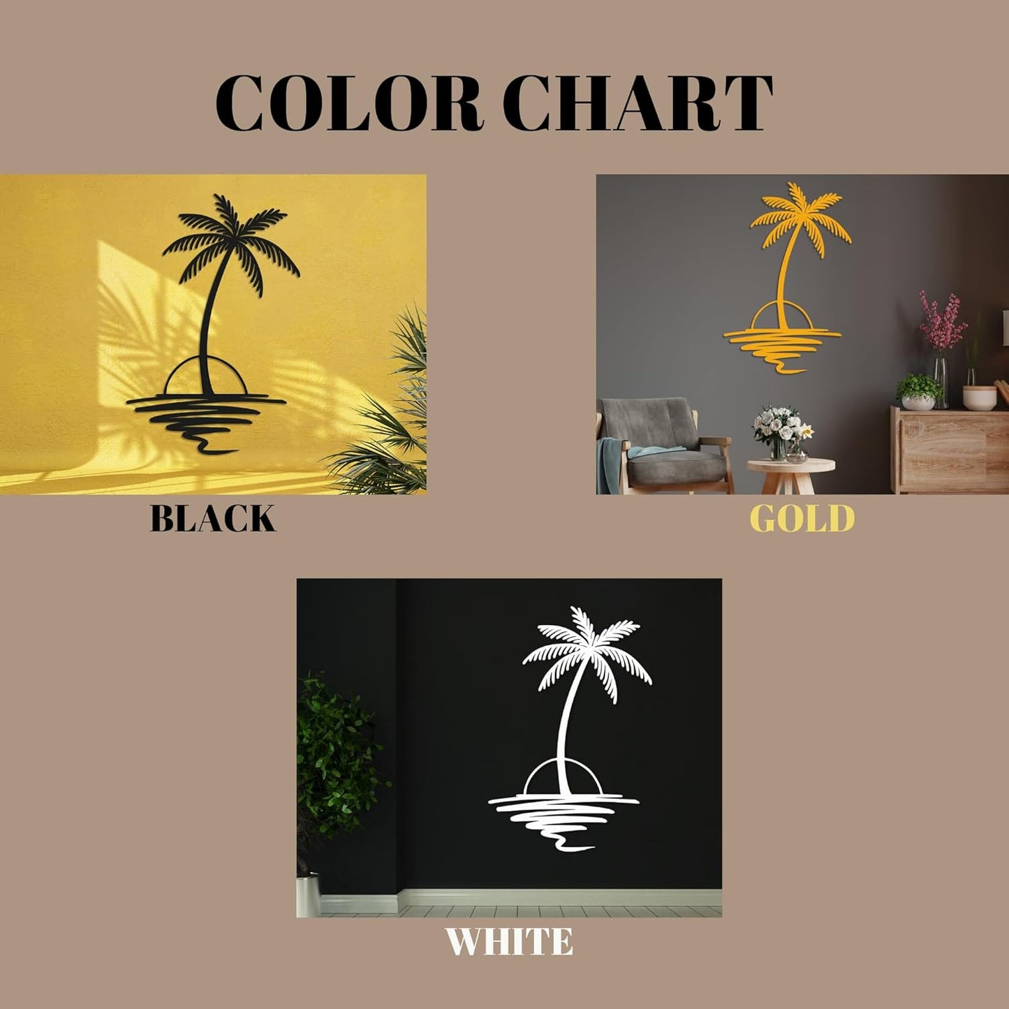 Metal Palm Tree with Sunset Wall Art, Large Outdoor Wall Decor, Tropical Beach Coastal Decor for Living Room, Bedroom, Garden Home Wall Sign, Perfect Metal Wall Art for Beach House, Coastal Theme, and Home Decoration (White, 40 x 33 inches)