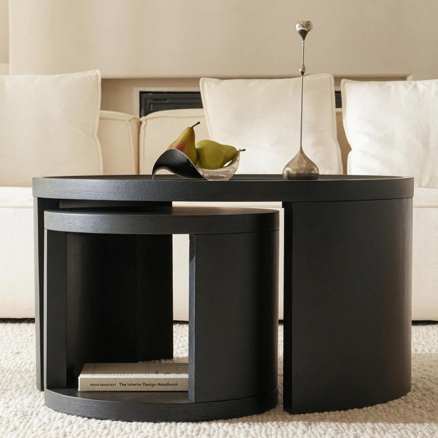 Round Nesting Coffee Table Set of 2,31.5" Large & 18" Small Low Tables with Wood Look Top,Space-Saving Side Tables for Living Room,Bedroom,Office,Minimalist Center Table Set (Black, L+S)