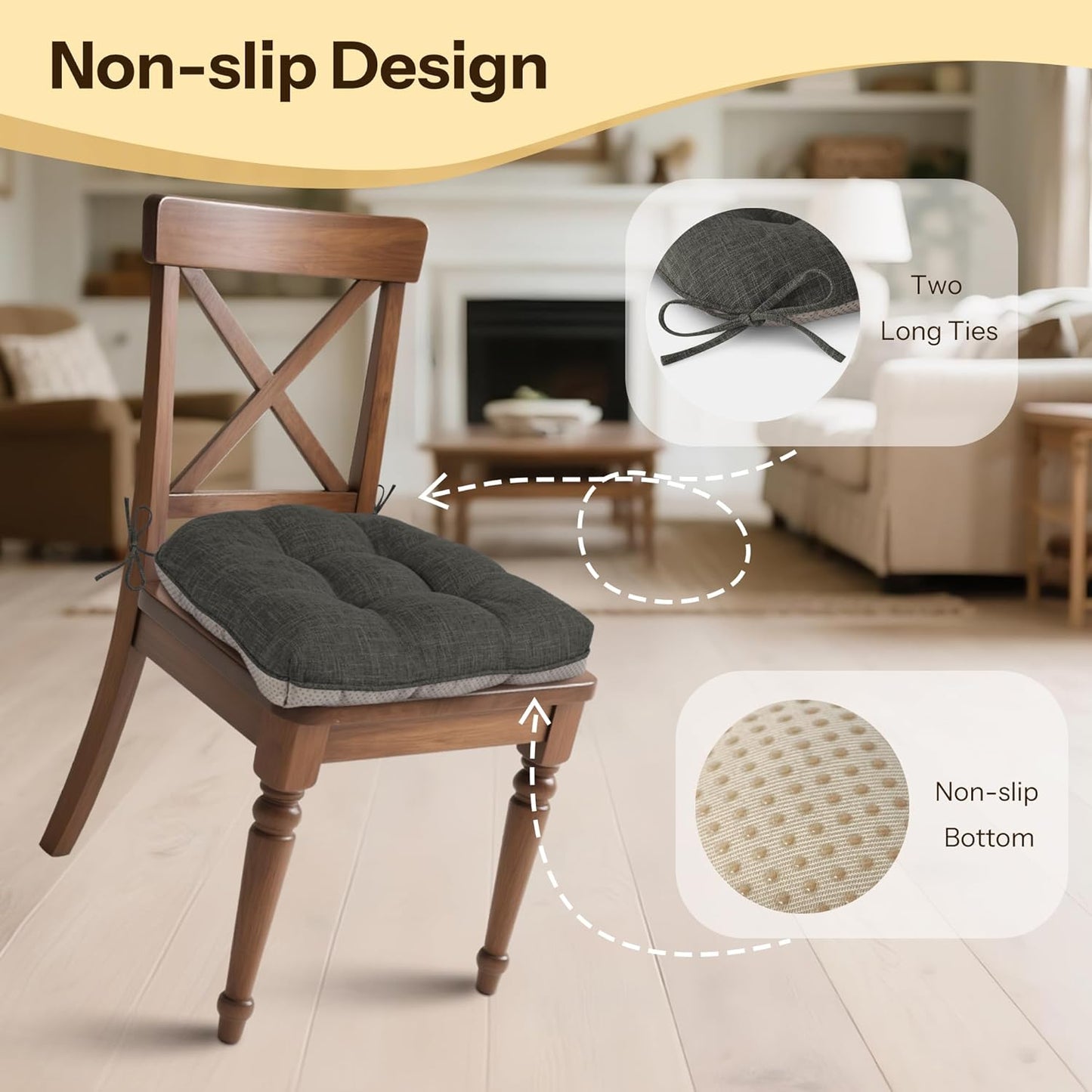 Non Slip Chair Cushions for Dining Chairs Set of 4 Kitchen Chair Cushions 18"x18"x3" Turfted Chair Pads Comfortable and Soft Seat Cushion with Ties, Dark Grey