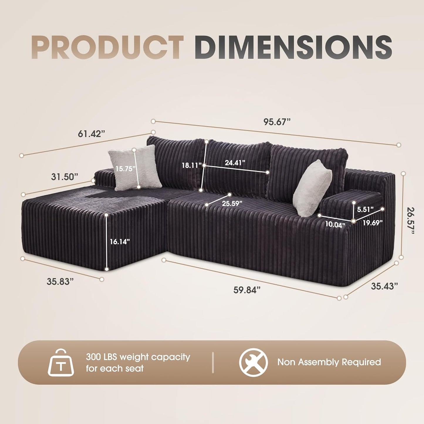 Hobestluk 96“ Modular Sectional Sofa Couches L-Shape Couch 3 Seat Modular Sofa Memory Foam Sectional Couches for Living Room, Cloud Couch with Oversized Chaise (Grey, Stripe (Left Facing Chaise))