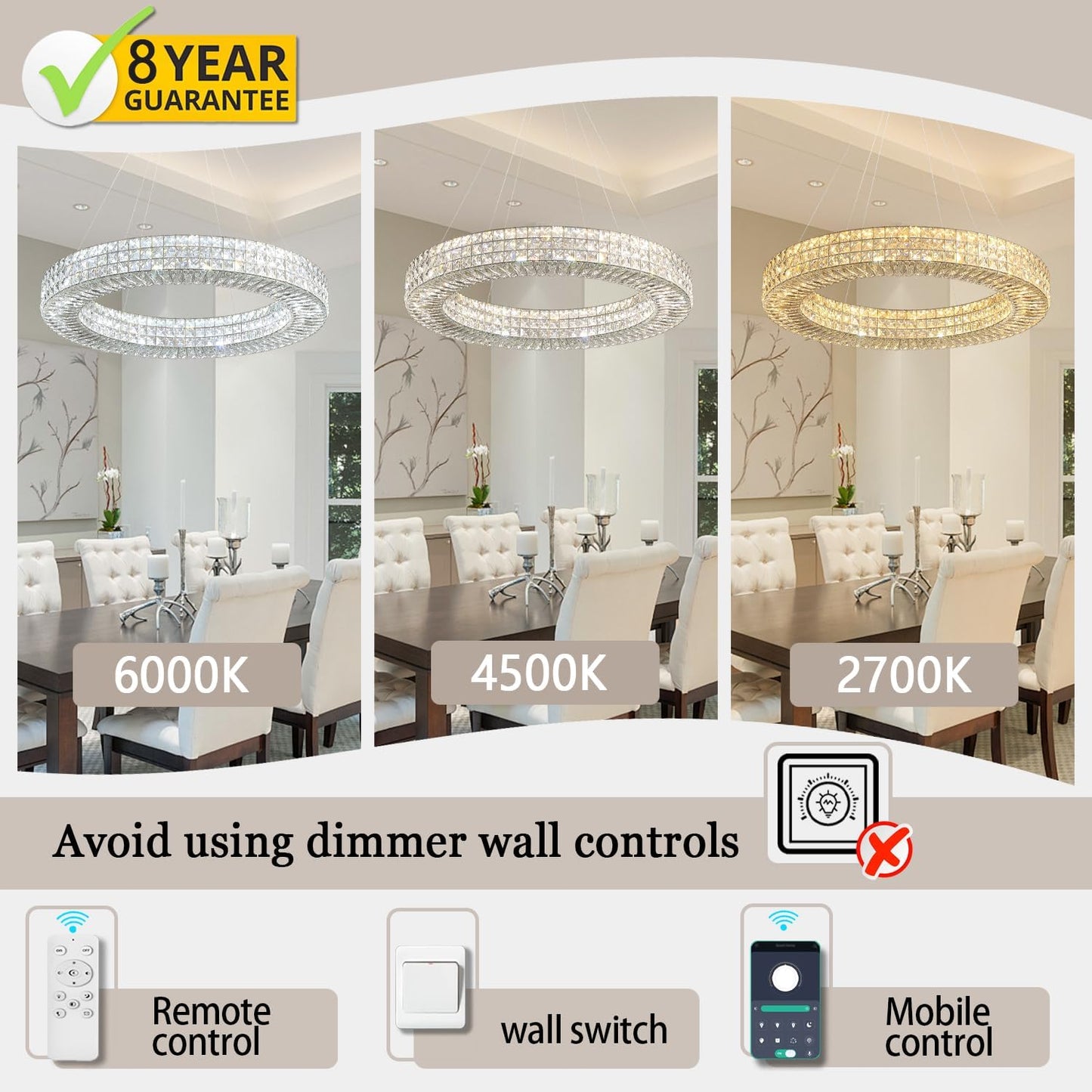Dia 32" Ring Crystal Chandelier Modern Silver Ring Chandelier Adjustable Height Luxury Crystal Pendant Ceiling Light Fixture for Dining Living Room Bedroom