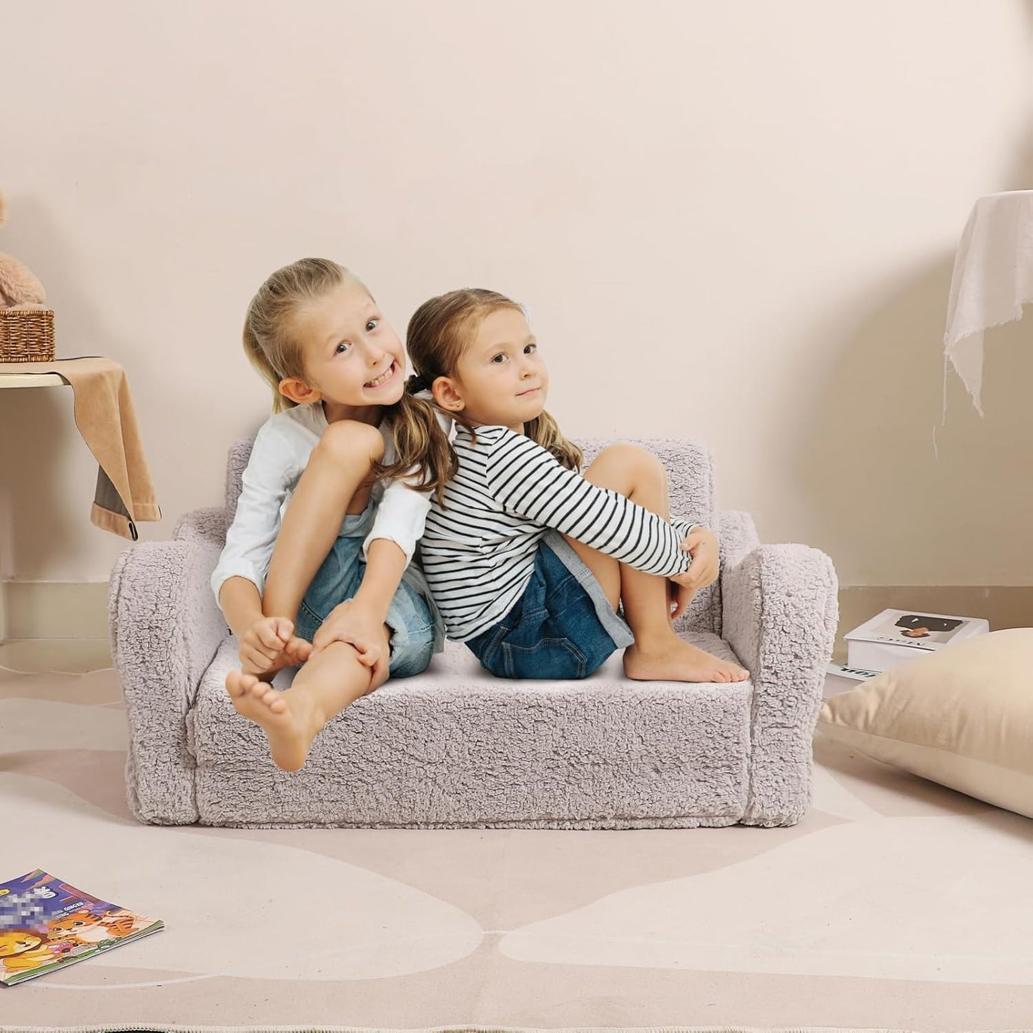 Kids Extra Wide Chairs for Toddler, 2-in-1 Toddler Soft Sherpa Couch Fold Out, Convertible Sofa to Lounger for Girls and Boys, Grey