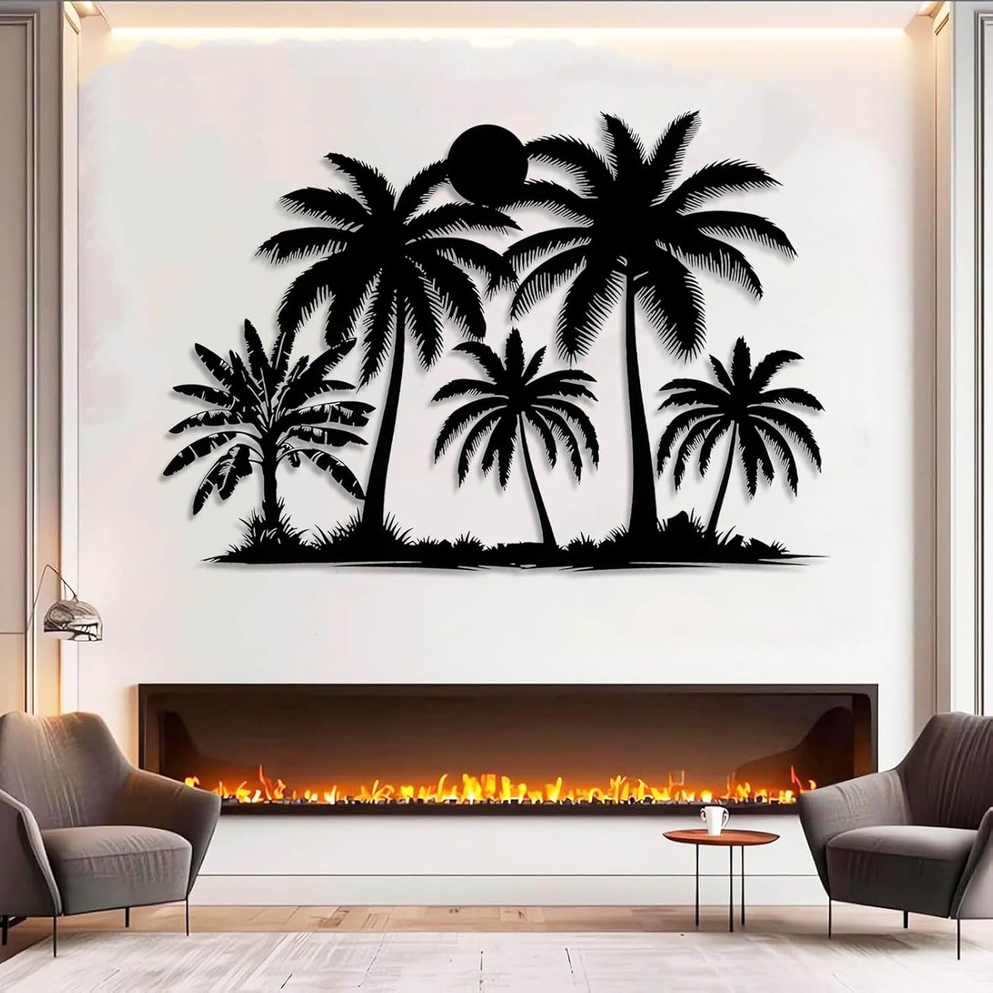 Tuglona Metal Palm Tree with Sunset Wall Decor, Tropical Palm Tree Metal Wall Art, Tropical Wall Decor, Sun Wall Art, Beach Wall Decoration, Coastal Trees Wall Hanging (White, 53"x37"/135x93cm)
