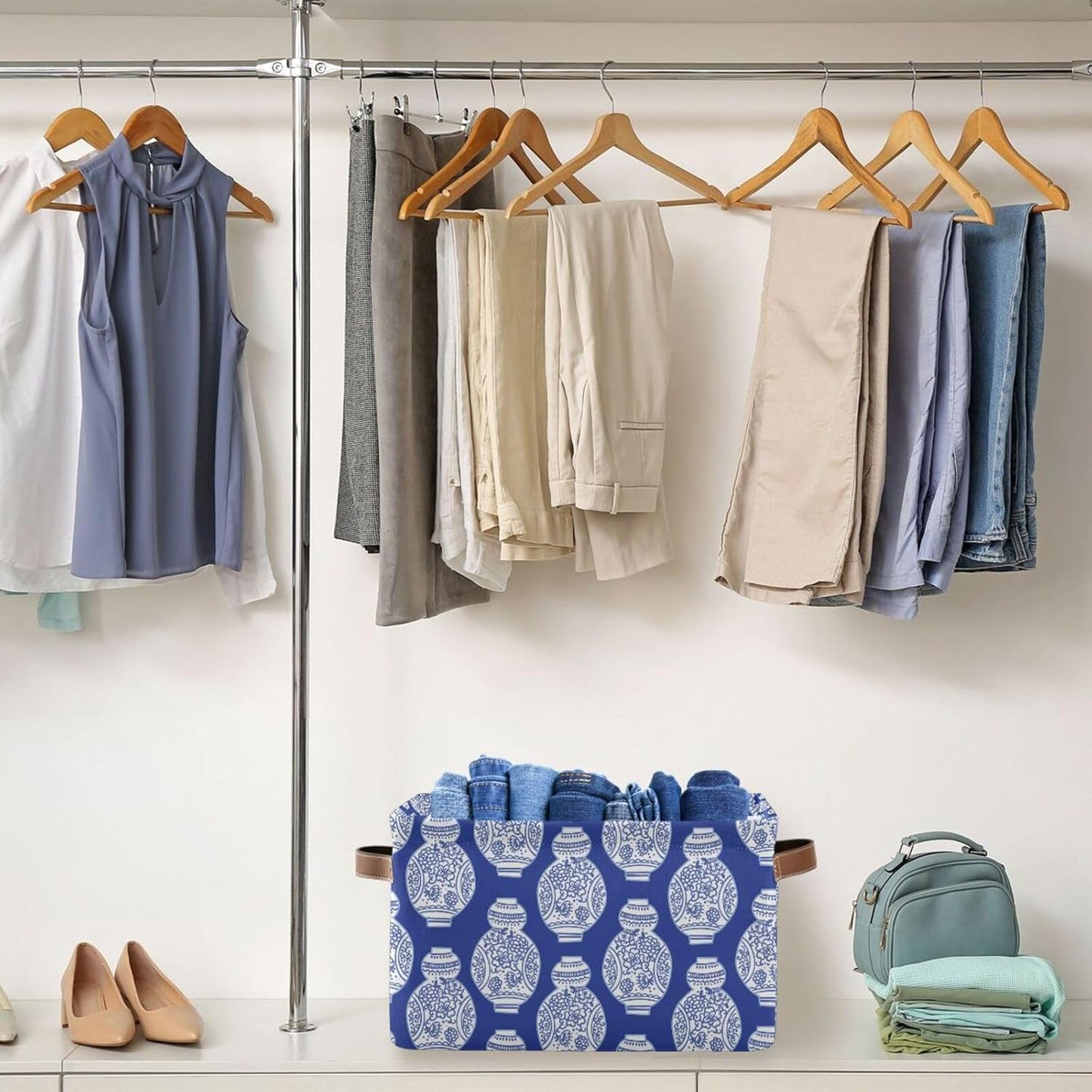 susiyo Storage Baskets for Shelves Organizer Baskets with Metal Frame Closet Storage Bins Fabric Bins Cubes with PU Handles for Organizing Shelf Nursery Toys 1 PACK,Blue Chinoiserie Vases