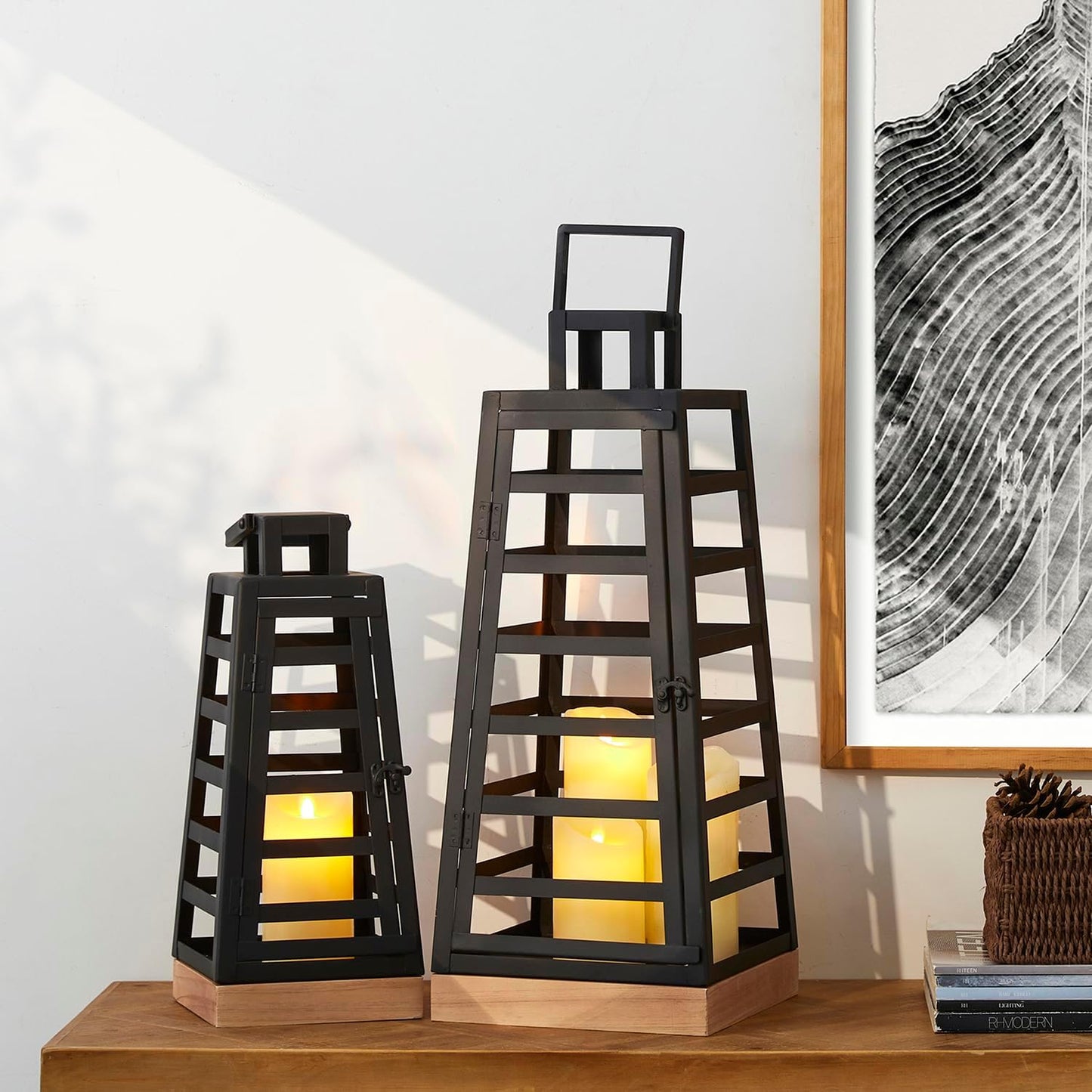 Glitzhome Set of 2 Modern Trapezoid Metal/Wood Decorative Lanterns,Large Candle Lanterns for Living Room,Home,Indoor, Outdoor,Table,Fireplace Mantle Decor -Black(No Glass)