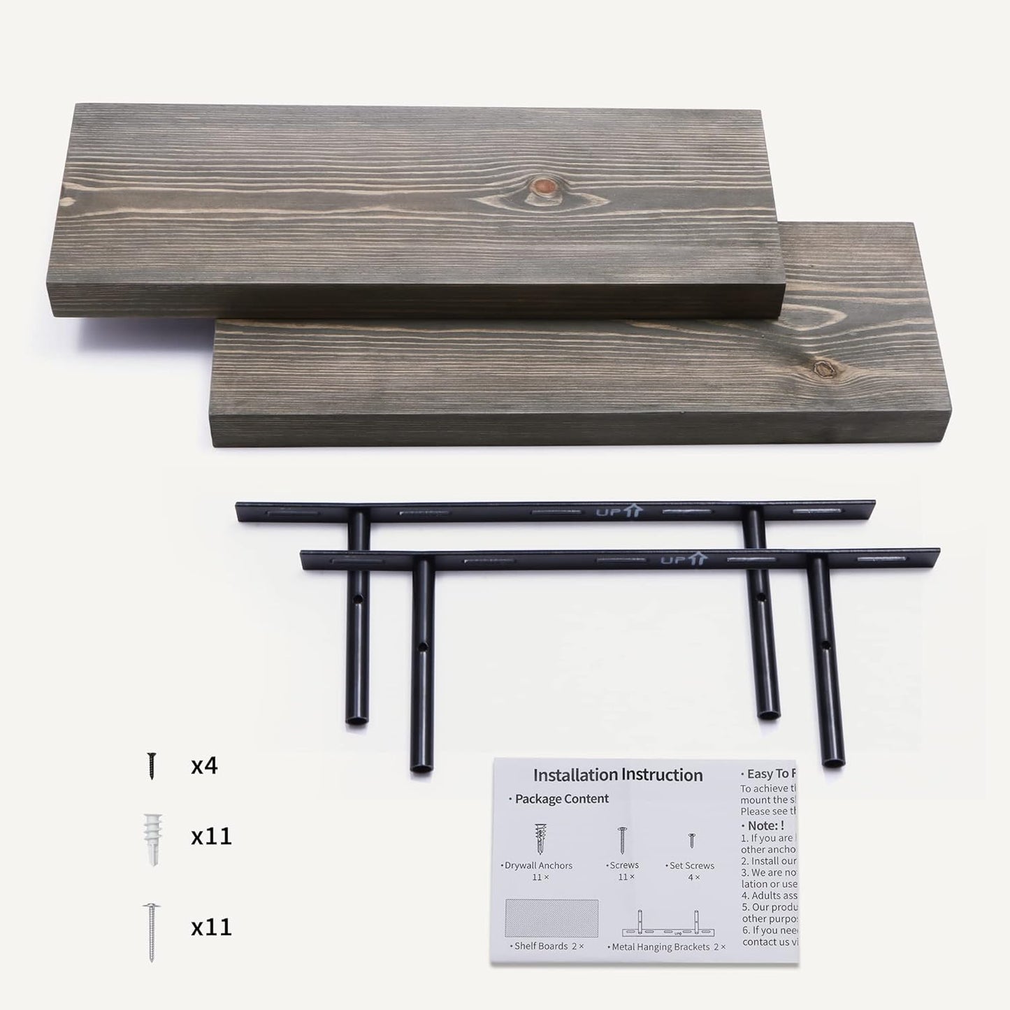 Fun Memories European Pine Floating Shelves for Wall, Mounted Shelf for Decor Storage Set of 2 - Natural Rustic Wooden Wall Shelf for Kitchen Bathroom Living Room Bedroom Farmhouse - Grey