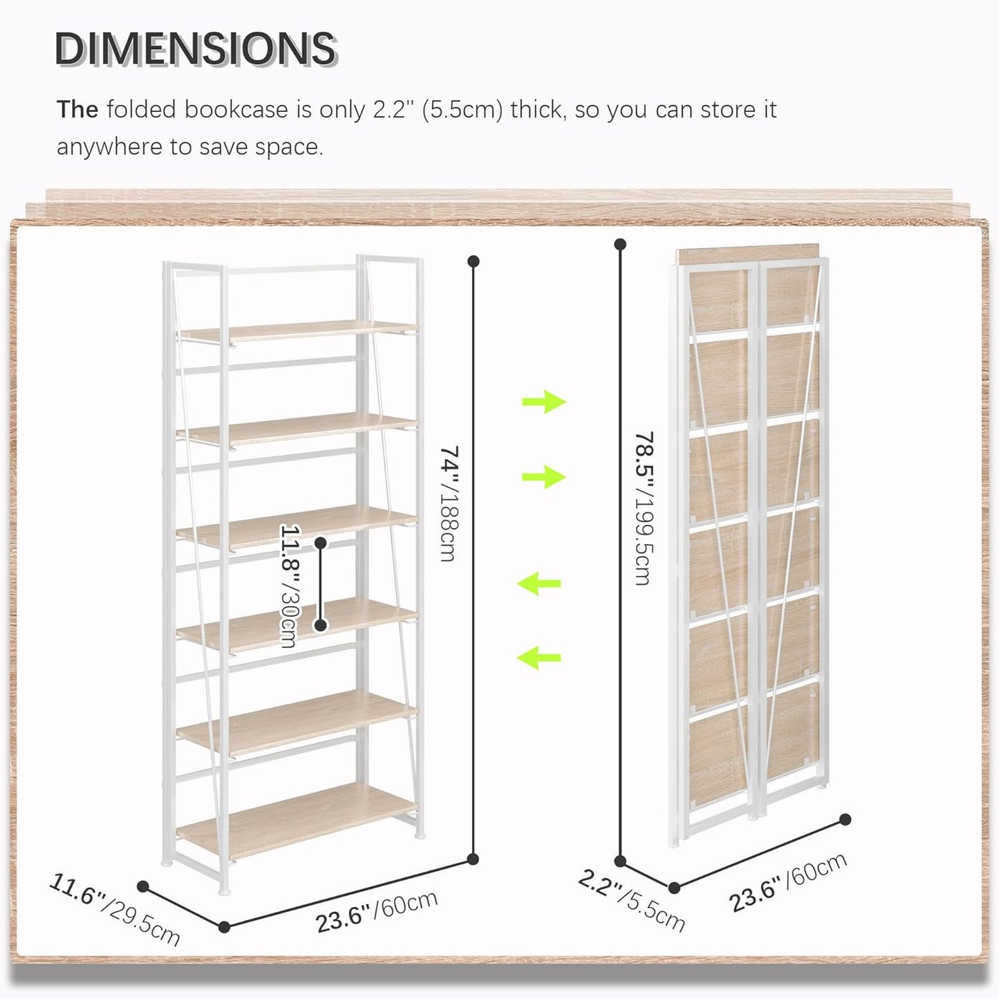 4NM No Assembly Foldable Bookshelf, 6-Shelf Collapsible Bookcase Storage for Small Spaces, 74" H, Natural White