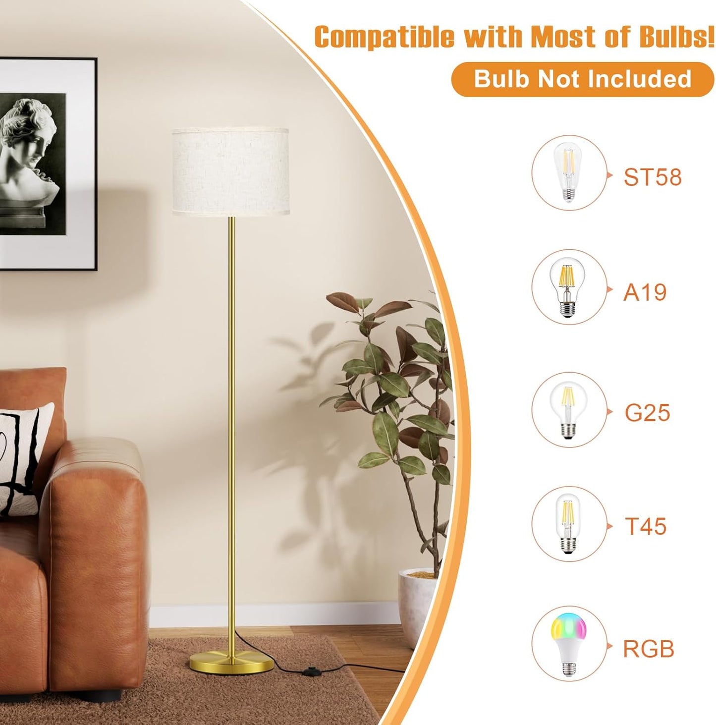 Ambimall 60'' Modern Floor Lamp with Shade, Tall Lamps for Living Room, Bedroom, Office, Dining Room, Beige Shade with Brushed Gold Pole(Without Bulb)