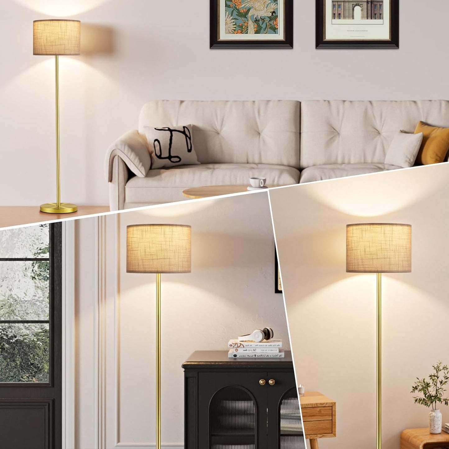 Ambimall 60'' Modern Floor Lamp with Shade, Tall Lamps for Living Room, Bedroom, Office, Dining Room, Linen Grey Shade with Brushed Gold Pole(Without Bulb)