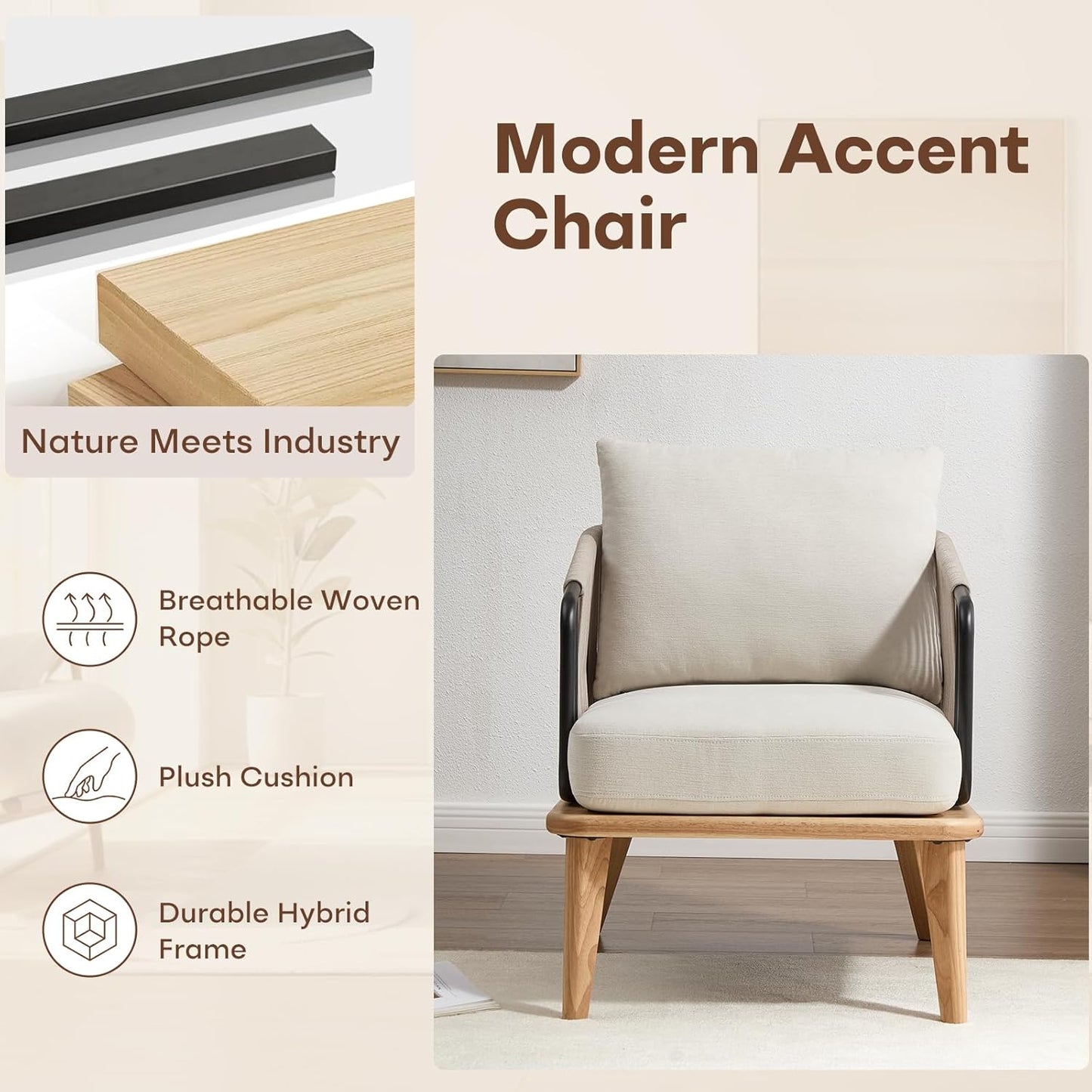 ANJ Accent Chair Set of 2,Mid-Century Modern Reading Chair with Braid Armrests, Armchair for Living Room Bedroom Outdoor