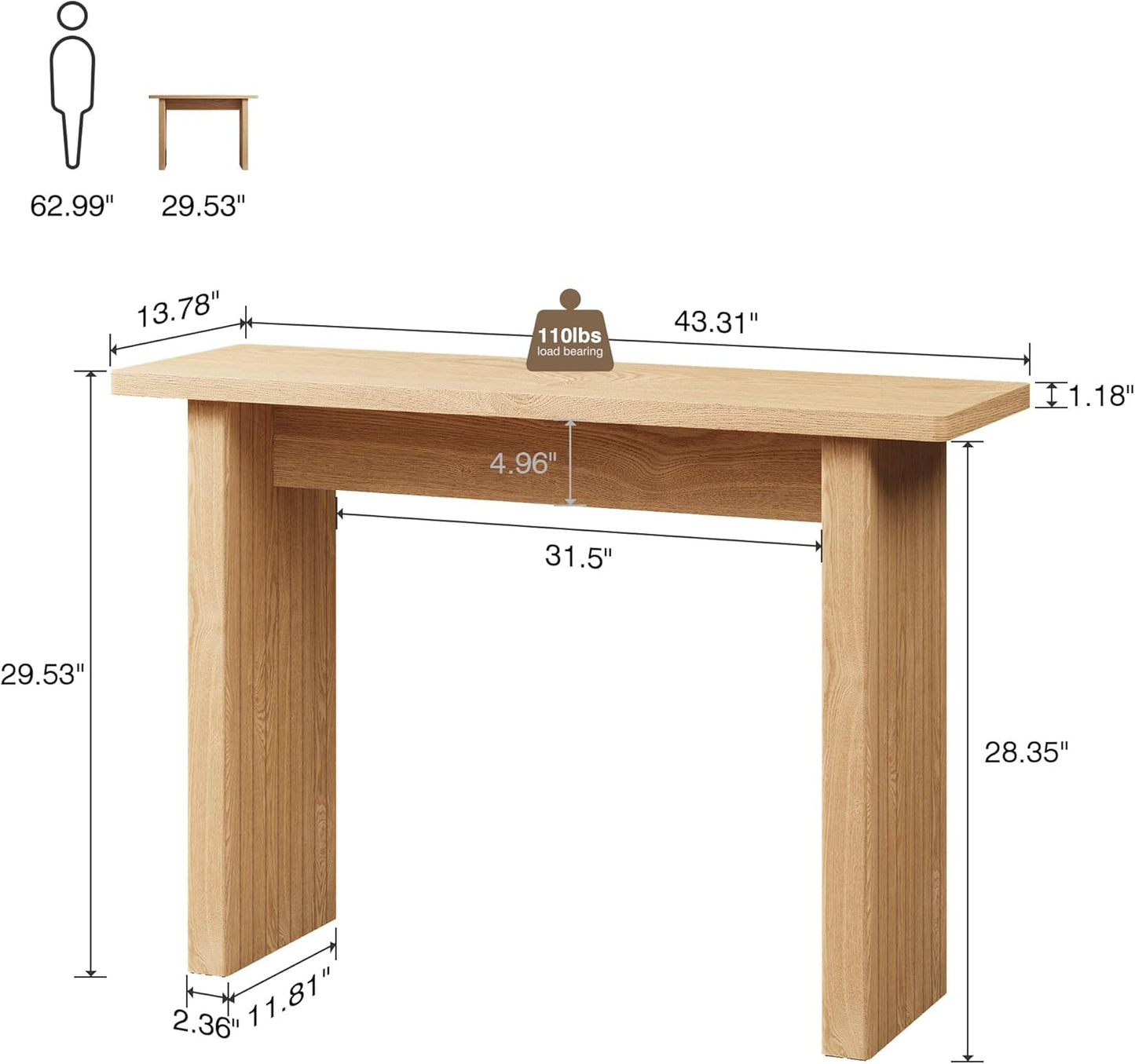 AVZEAR 43.3" Mid Century Narrow Entryway Console Table, Modern Fluted Wood Couch Table Behind Sofa Long and Skinny for Living Room Hallway Entrance Foyer (Natural)