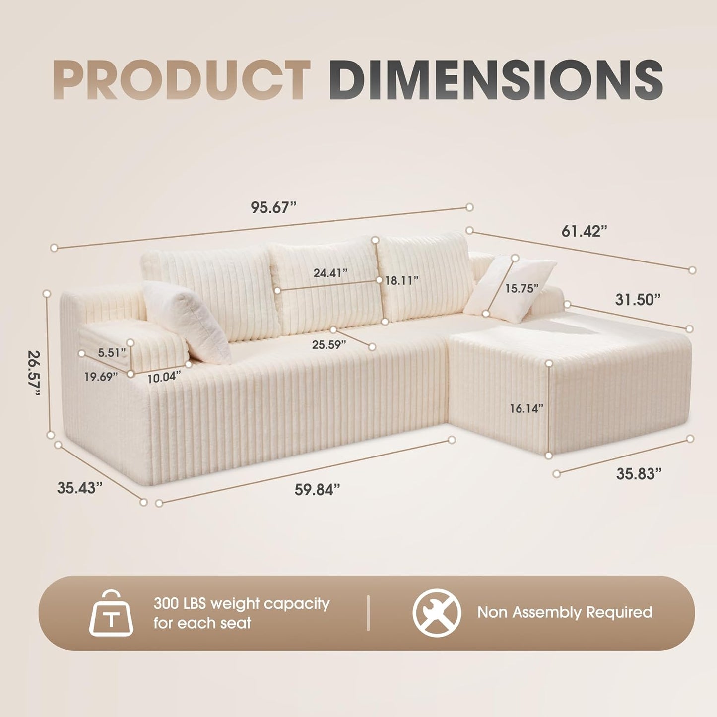 Hobestluk 96“ Modular Sectional Sofa Couches L-Shape Couch 3 Seat Modular Sofa Memory Foam Sectional Couches for Living Room, Cloud Couch with Oversized Chaise (White, Stripe (Right Facing Chaise))