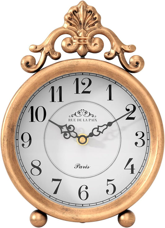 Vintage Gold Table Clock, Desk and Shelf Mantel Clock, French Rustic Antique Style Decor Clocks, for Farmhouse, Bedroom, Living Room, Bedside, Gift (9" H x 6.3" W)