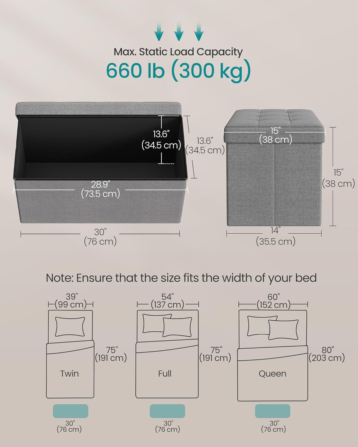 SONGMICS MAZIE Collection - 30 Inches Folding Storage Ottoman Bench, Ottoman Foot Rest, End of Bed Bench, Storage Chest, Load 660 lb, for Living Room, Bedroom, Entryway, Light Gray ULSF47G