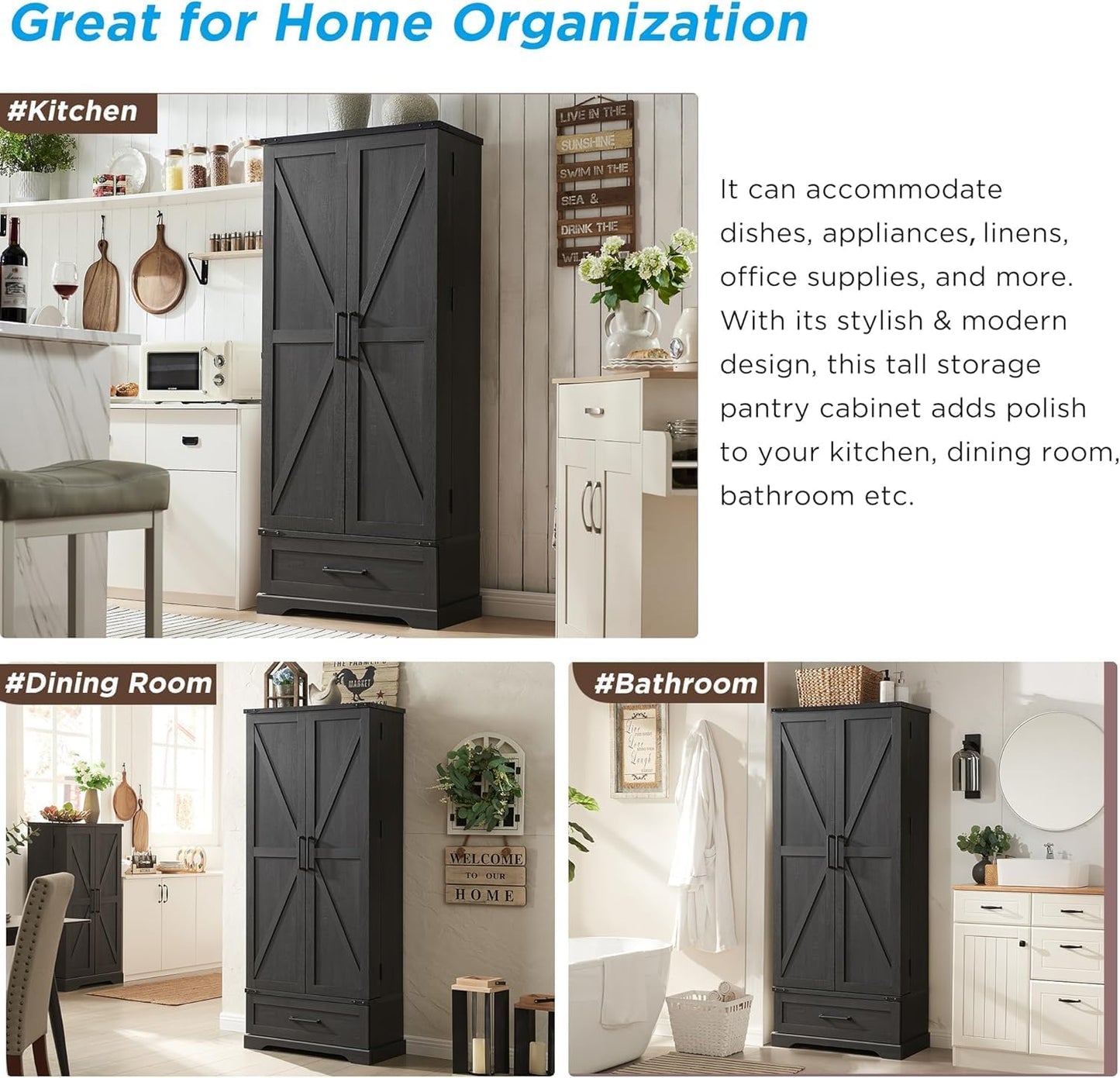 72" Farmhouse Kitchen Pantry Cabinet with Drawer, Tall Storage Cabinet with 2 Barn Doors and Shelves, Versatile Large Rustic Storage for Dining Room, Bathroom, Living Room, Black