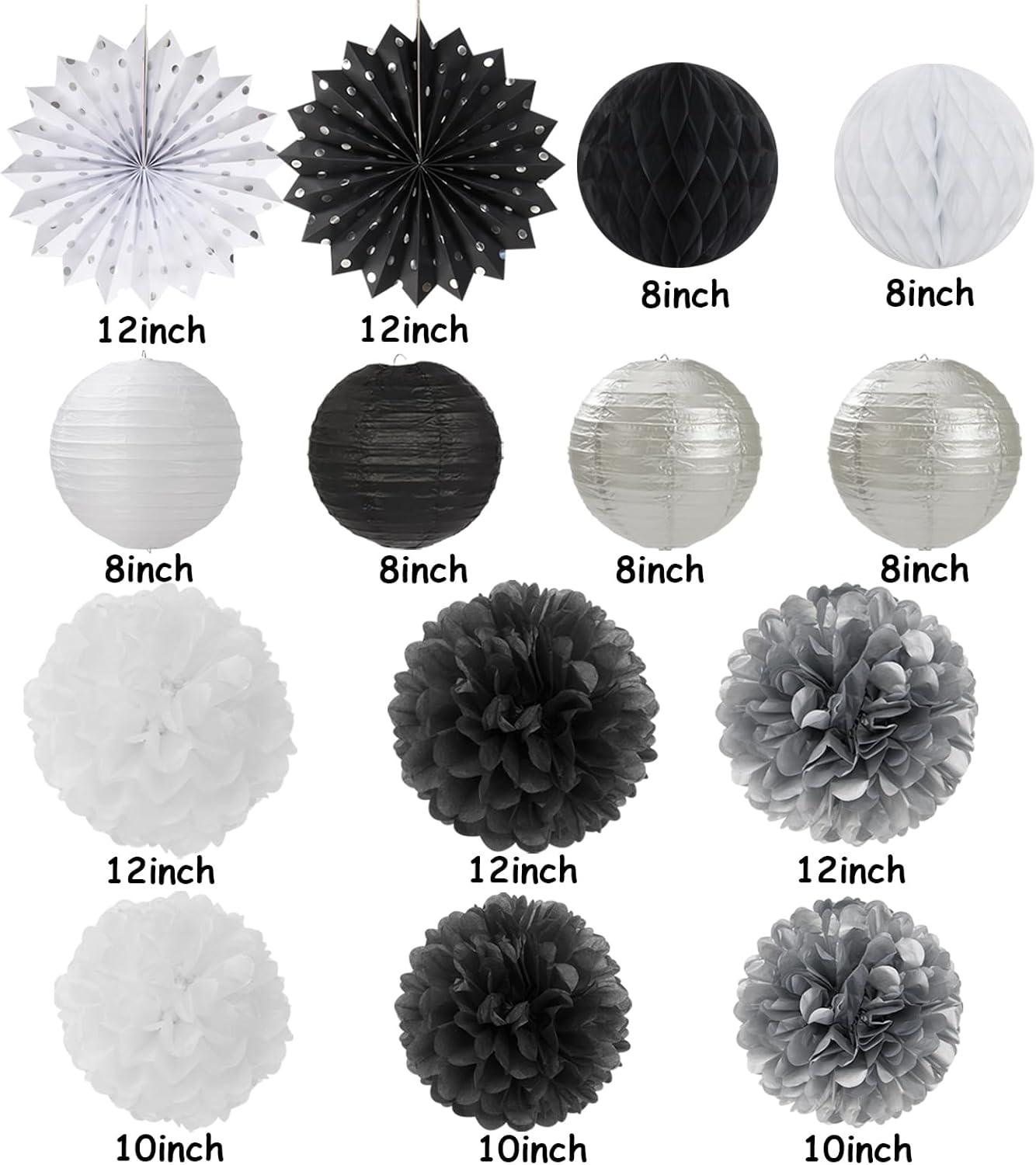Black-White Silver Party-Decorations Paper-Lanterns - 14pcs New Years Streamers Fan,Tissue Pom Poms,Graduation Men Boys Birthday Wedding Baby Bridal Shower Decor Lasting Surprise