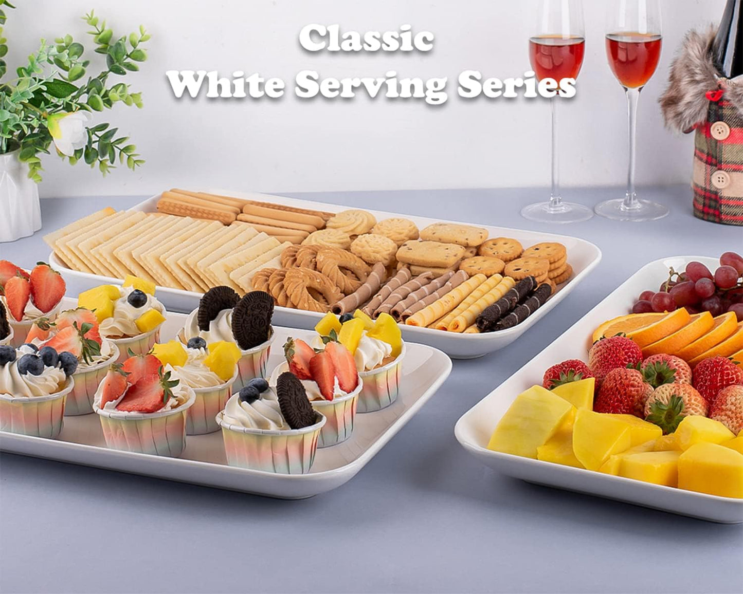 Delling 16 inch Serving Platter Set, White Porcelain Platters for Serving Food, Large Serving Trays for Party, Entertaining, Fruit, Appetizer, Oven Safe Dinnerware Set of 3