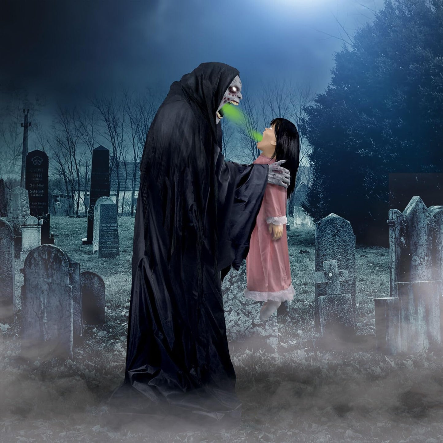Haunted Hill Farm Soul Sucker Demon Reaper with Child by Tekky, Motion-Activated Talking Halloween Animatronic for Creepy Indoor or Covered Outdoor Halloween Decorations, Plug-in or Battery Operated