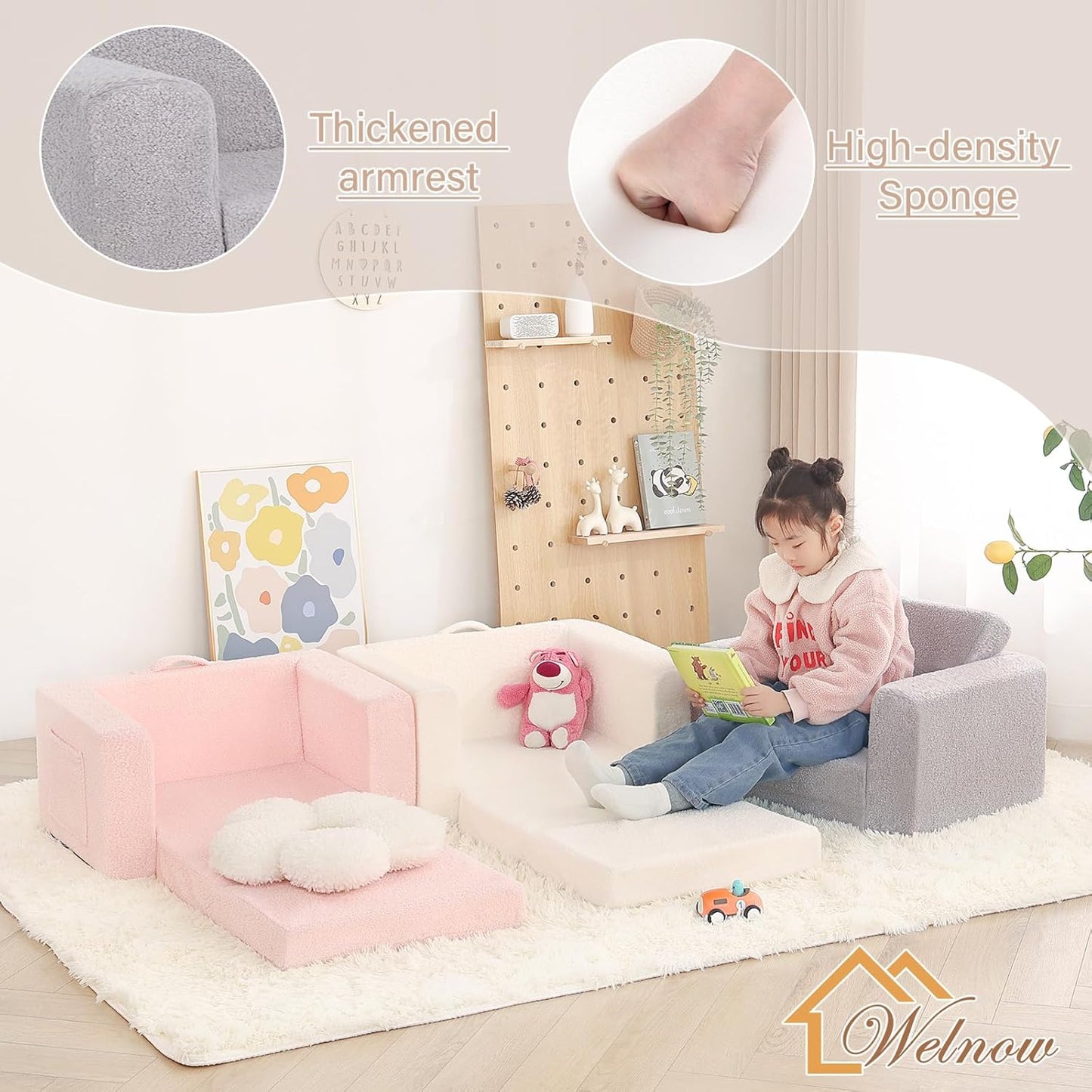 Welnow 2-in-1 Kids Sofa Chair, Glow in The Dark Convertible Toddler Chair Flip Out Children Sofa Folding Kids Play Sofa with Side Pockets & Removable Cover Armrest Chair for Girl or Boy