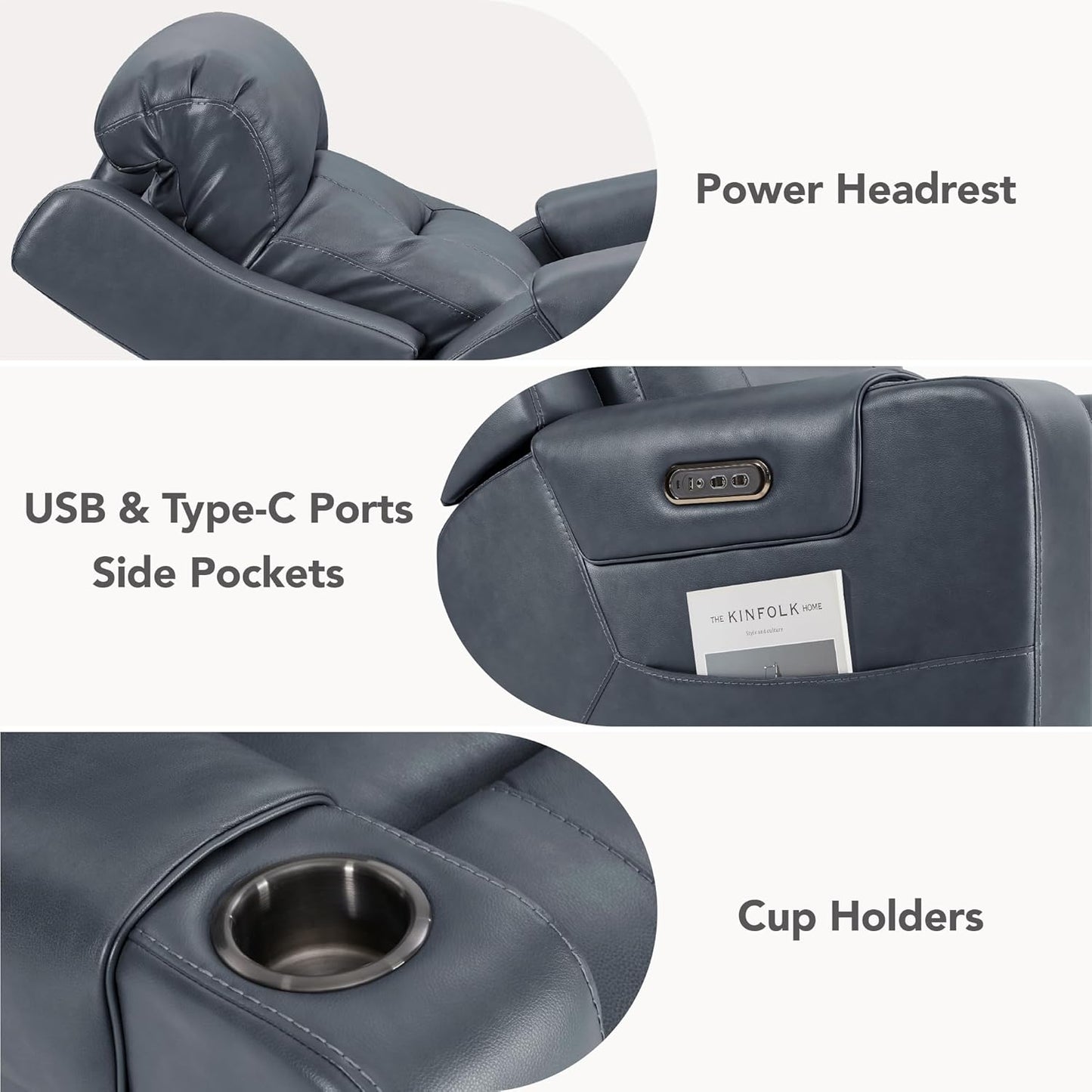 Watson & Whitely Genuine Leather Power Recliner Chairs for Adults, Lay Flat Recliner with Power Headrest, USB Ports and Cup Holders, Electric Reclining Sofa for Living Room, Bedroom, Navy