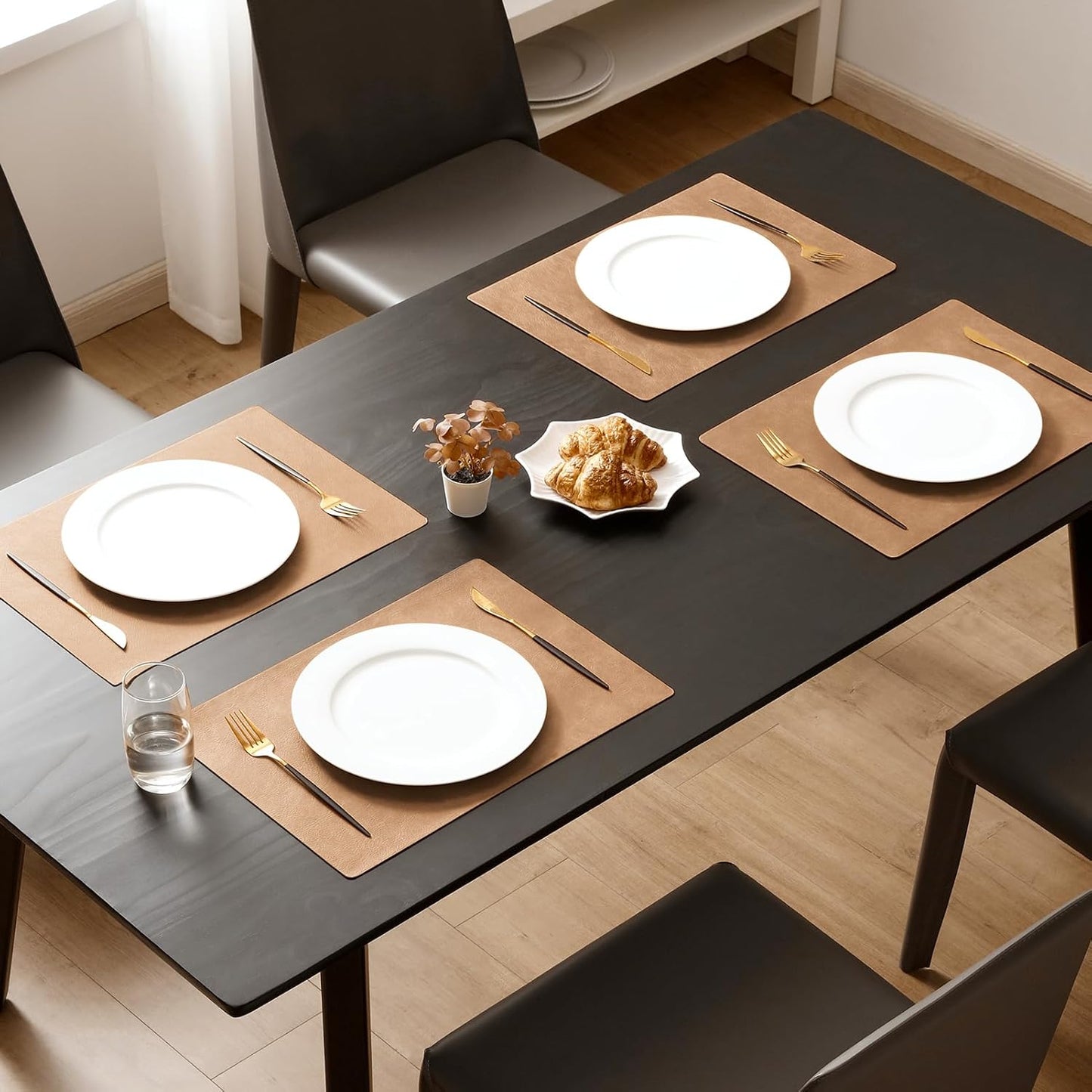 MOSAYT Vinyl Placemats Set of 4-12 X 17 Inch - Faux Leather 100% Waterproof Oil-Proof Wipeable PU Place Mats, Heat Resistant Reversible Table Mats for Kitchen, Dining, Outdoor (Camel)