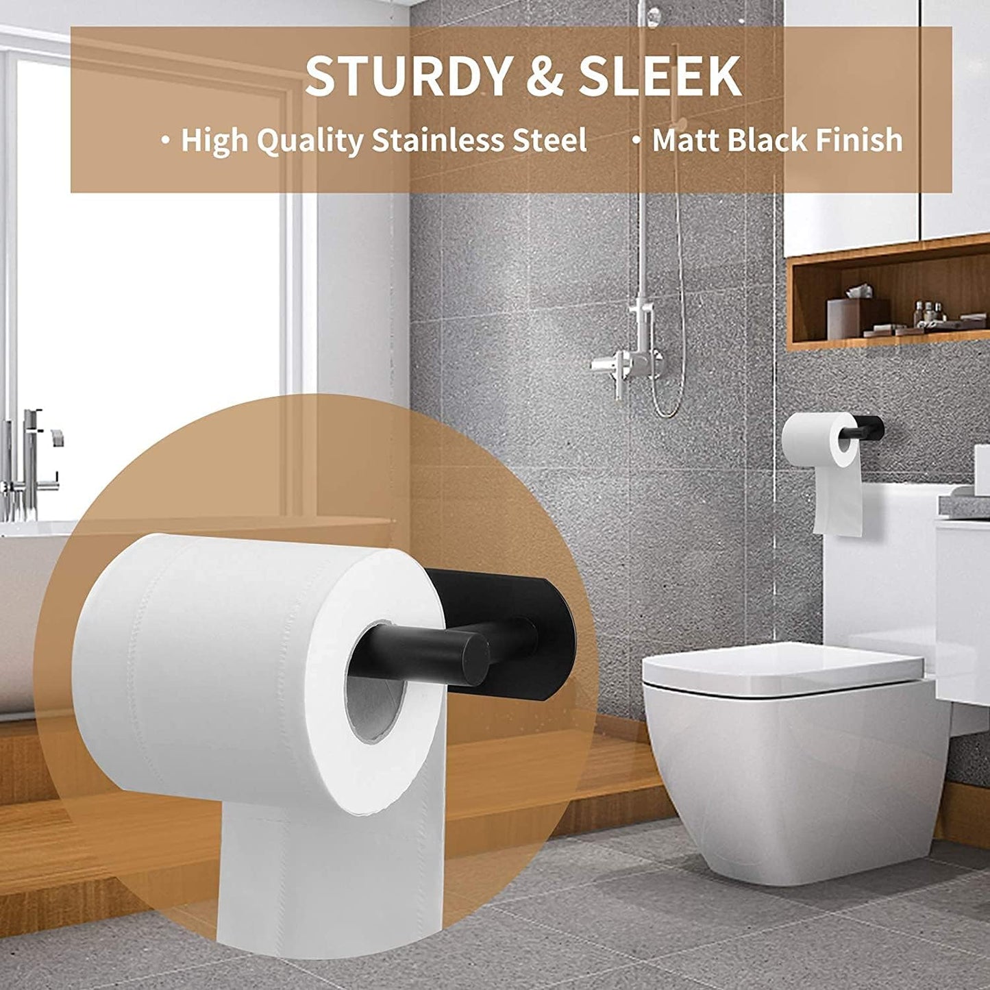 Toilet Paper Holder,Matt Black, Wall Mount,Upgraded Adhesive Toilet Paper Roll Holder,no Drilling,Bathroom/Rv/Washroom, SUS 304 Stainless Steel, Rustproof (Black, 2 Pieces)