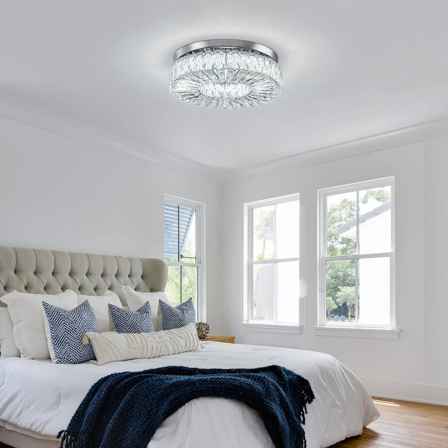 16.5" Crystal Chandelier LED Modern Flush Mount Ceiling Light Fixtures Round Ring Luxury Large Chandelier for Living Room Bedroom Dining Room Entrance (Cool white-16.5")