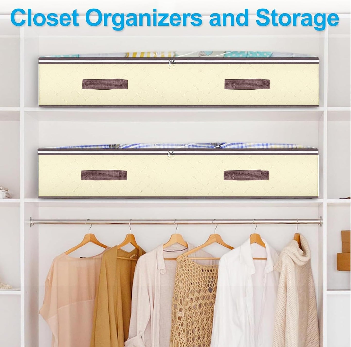 90L Under Bed Storage Containers, Closet Organizers and Storage Bins, Foldable Underbed Storage Bags for Blankets, Towels, Comforter, Sweaters, Pillows, Linen Sheets, Wrapping Paper, 4 Pack Beige