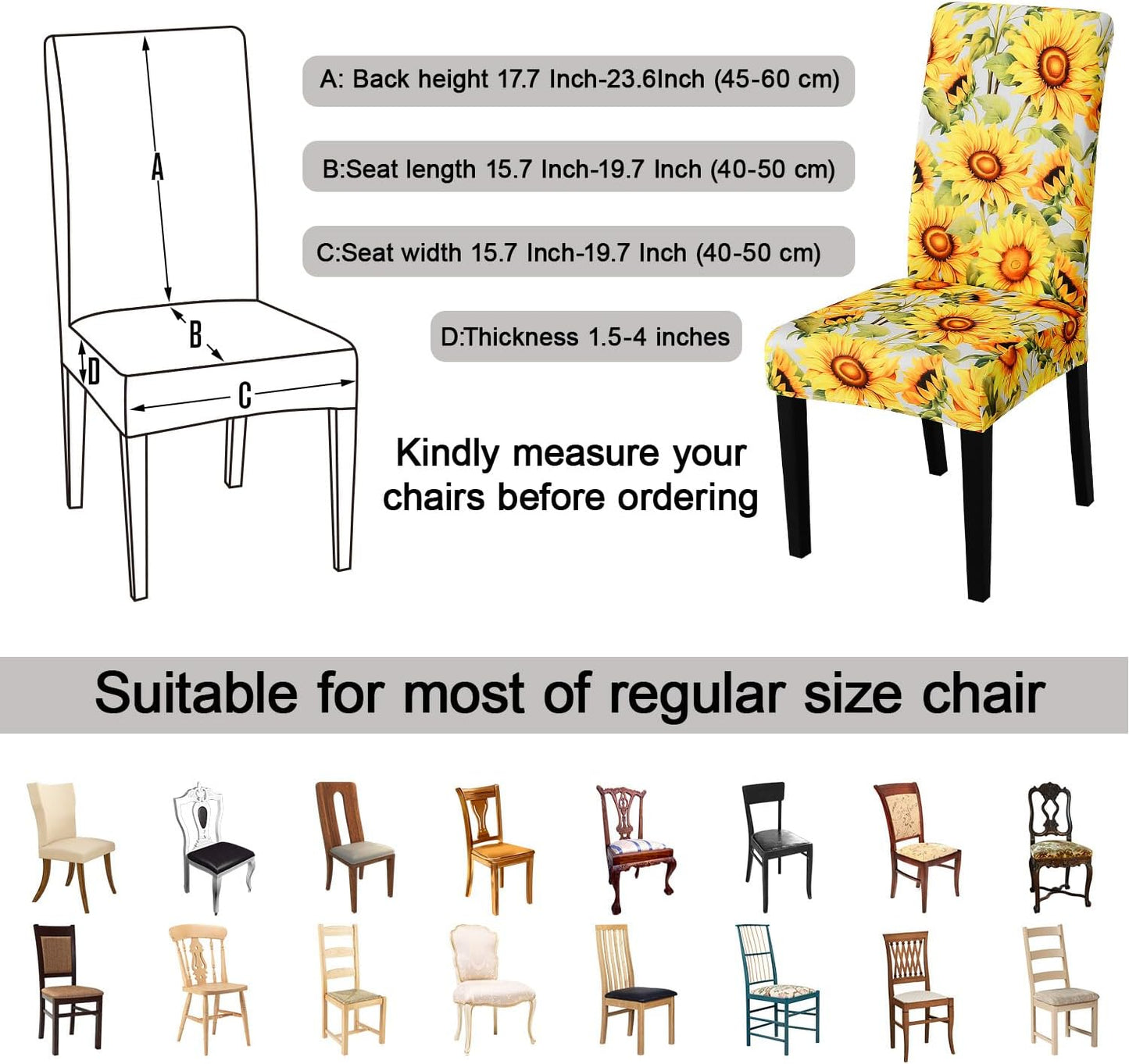 JQinHome Pattern Chair Covers for Dining Room Set of 4, High Stretch Removable Washable Parsons Chair Slipcover for Home Party Hotel Wedding Ceremony (Sunflower,4PCS)