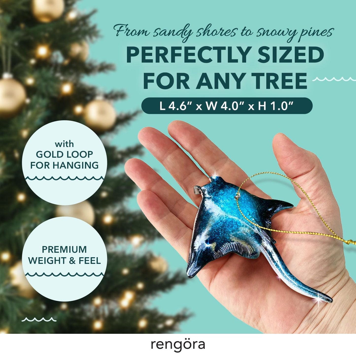 Hand-Painted Beach Christmas Ornament – Coastal Tree Decoration for Ocean Lovers – Unique Nautical Ornament for Christmas Tree or Stocking Stuffer Gift (Manta Ray)