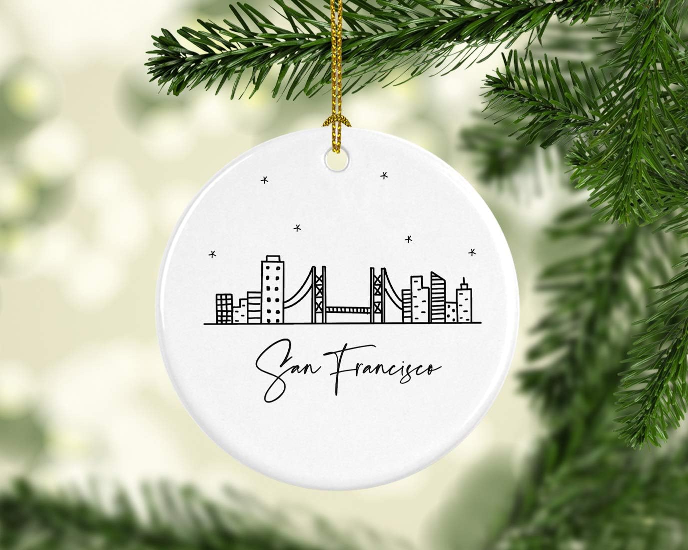 Andaz Press Round Ceramic Porcelain Christmas Tree Ornament Keepsake, San Francisco, Black and White Stars City Skyline Graphic, 1-Pack, Birthday Gift Ideas Family Coworker, Includes Gift Box