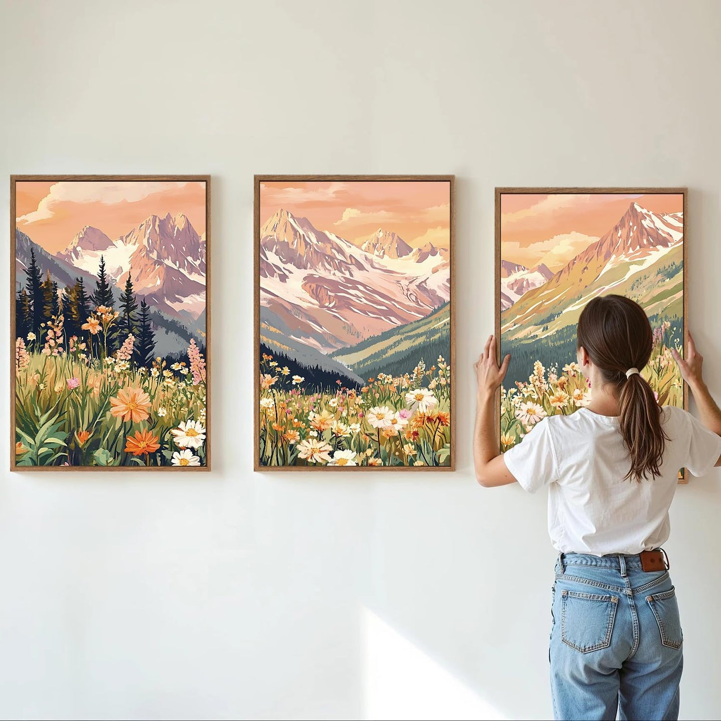 SIGNINART Vintage Floral Framed Canvas Wall Art Set, Large Mountains Nature Landscape Wall Decor, Bohemian Wildflower Forest Artwork, Pink Ridge Art Printing for Living Room Bedroom Office 16"x24"x3