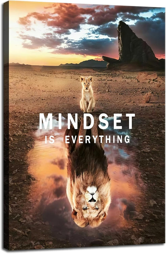 Inspirational Canvas Wall Art Motivational Positive Quotes Lion Poster Mindset is Everything Inspirational Painting Picture Print Artwork for Living Room Home Decor Office Framed[12" W X 18" H]