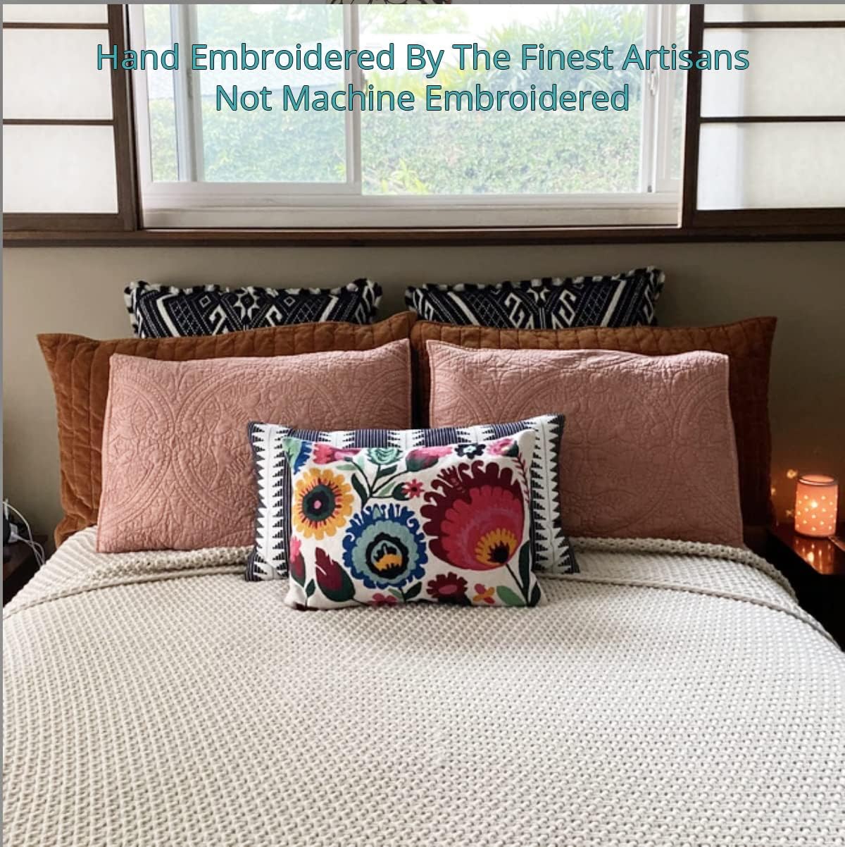 Lumbar Cream Floral Pillow Cover Polish Flower Accent Chair Pillowcase Couch Modern Farmhouse Couch Cushion Hand Embroidered Wool Size 14x20 Inch