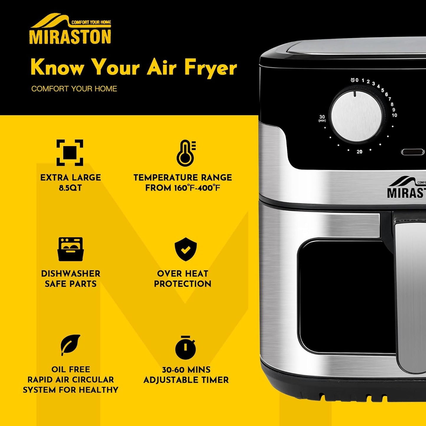 8.5QT Air Fryer, Upgraded Family Size Capacity, Visual Window, Square Basket Dials Stainless Steel Air Fryers, Reheat Leftovers, Easy Cooking for Healthier Breakfast & Dinner in Minutes