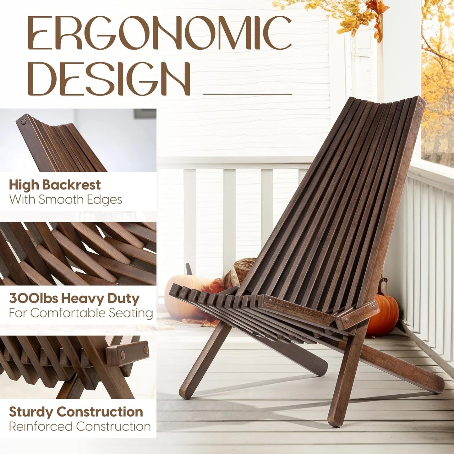 IDZO Elina FSC Eucalyptus Tamarack Chair, 300Lbs Capacity Modern Adirondack Style, Wooden Folding Seat, for Fire Pit Outdoor & Indoor - Cinnamon, Single