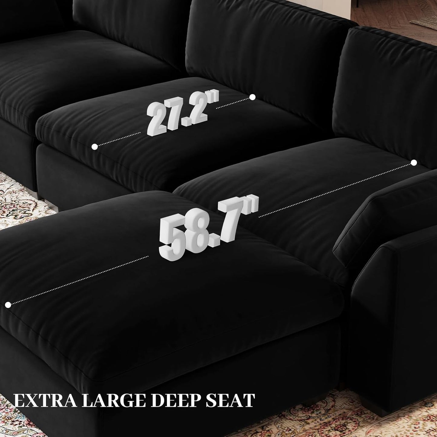 Belffin Sectional Couches for Living Room,106.3" 6-Seater Sleeper Sofa Bed,Extra Deep Seat Velvet Cloud Couch with Ottoman,Modular Sectional Sofa with Washable Covers,Black