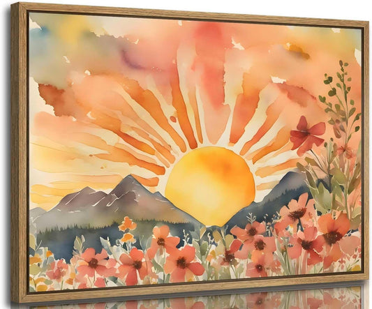 Framed Boho Sun Canvas Wall art Mid-Century Modern Abstract Bohemian Sunset in The Mountains Watercolor Wildflowers Sunrise Landscape Picture Wall Decor Poster Print Artwork for Living Room