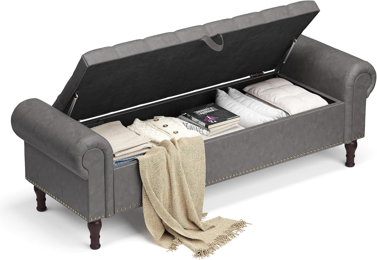 YOUDENOVAn 60”Bench with Storage, Upholstered Tufted Button Window Bench with Plenty Hidden Storage Space,Faux Leather Ottoman Bench for Bedroom, Living Room, Entryway，Grey
